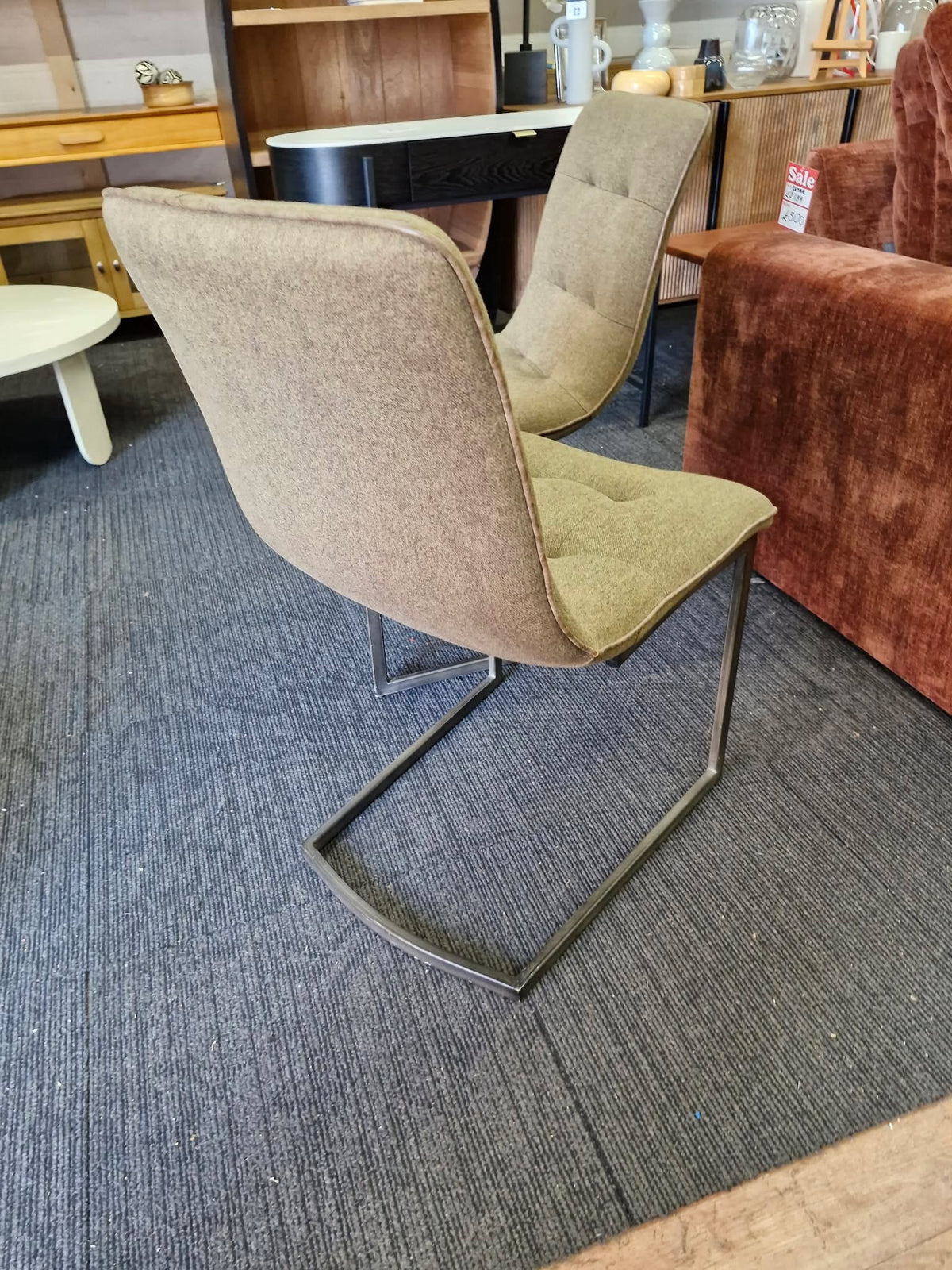 Set of 2 Dining Chairs - Green Khaki Fabric and Black Metal Frame