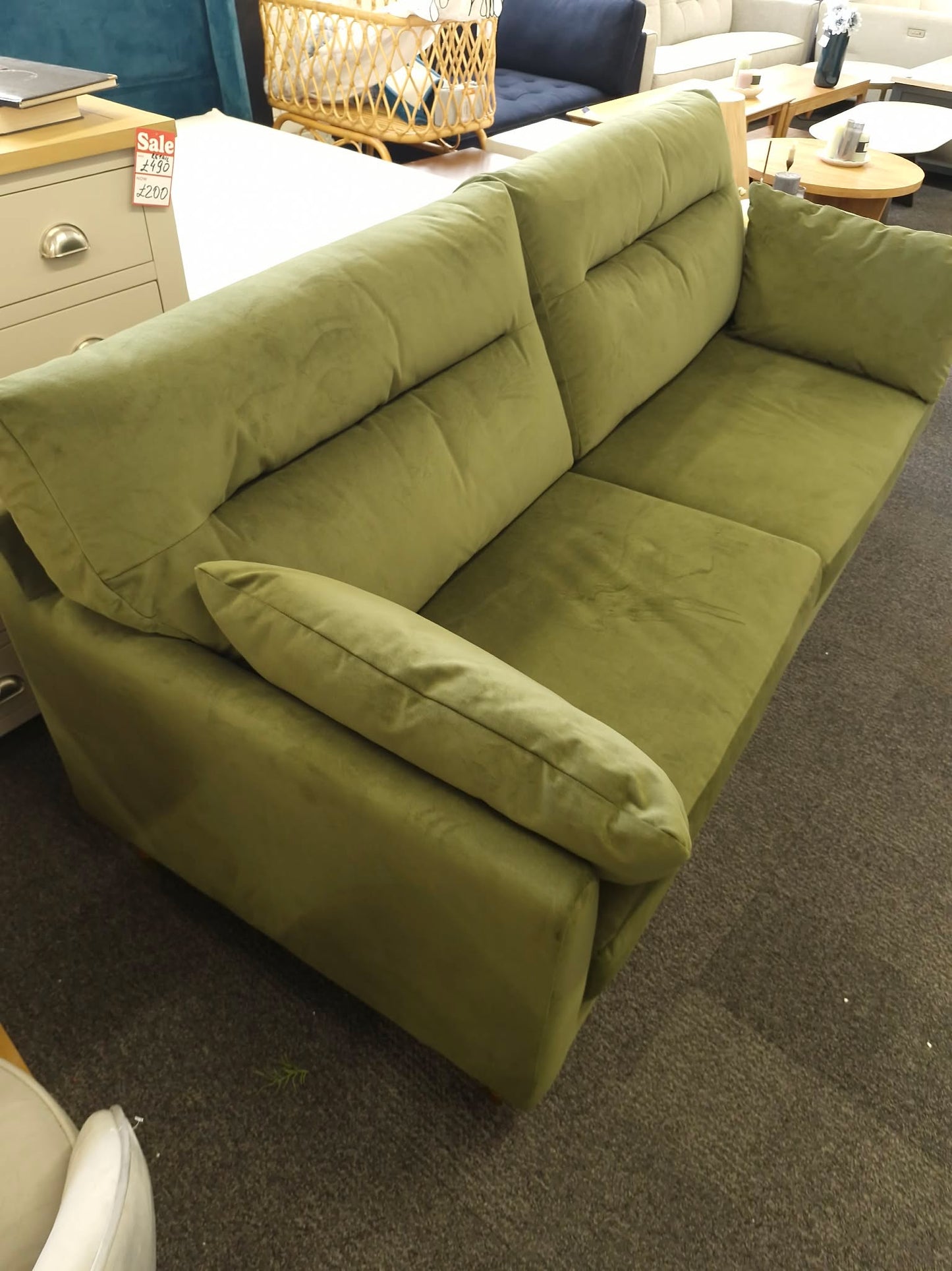 3 Seater Olive Green Velvet Sofa / Easy Clean