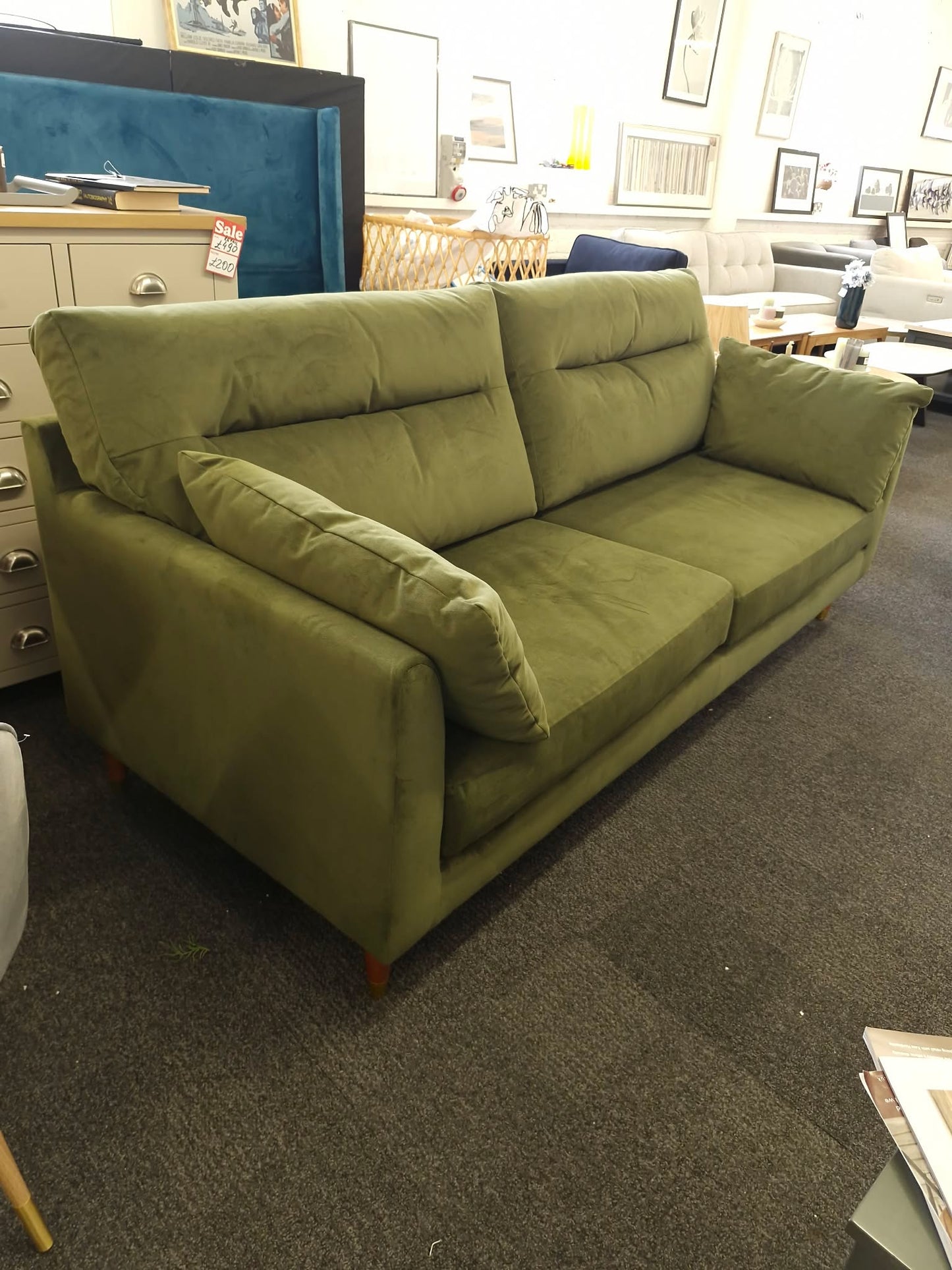3 Seater Olive Green Velvet Sofa / Easy Clean
