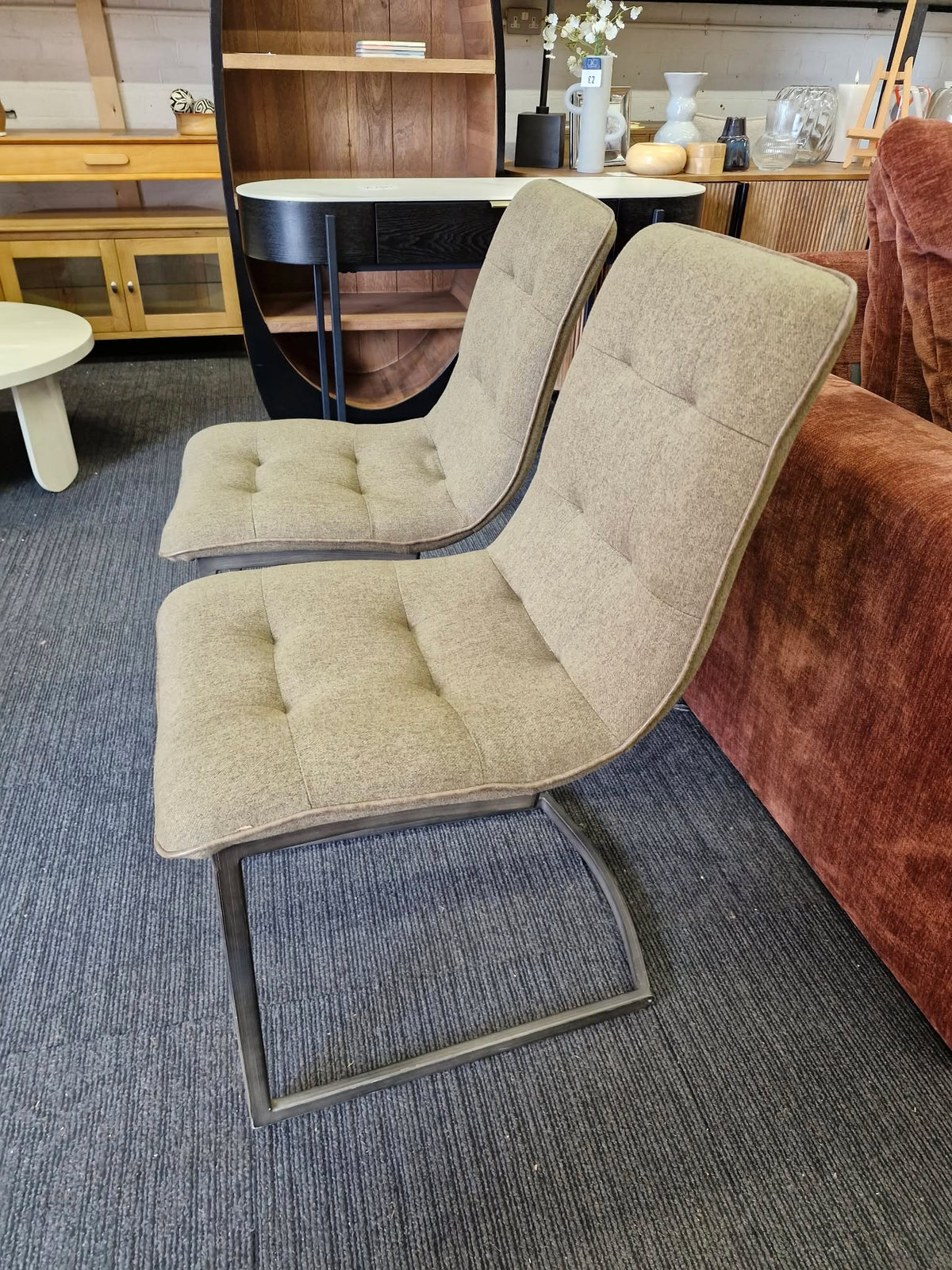 Set of 2 Dining Chairs - Green Khaki Fabric and Black Metal Frame