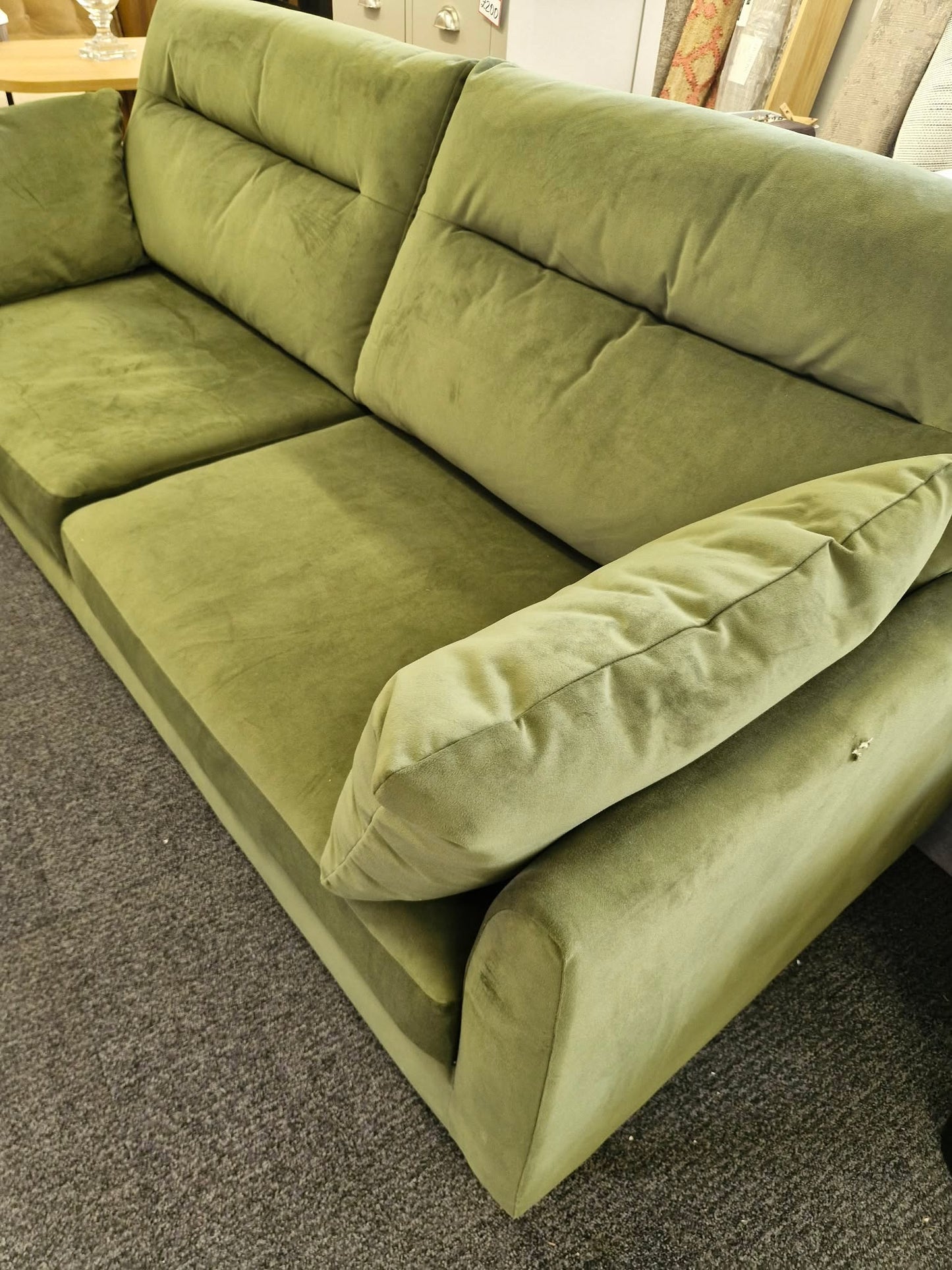 3 Seater Olive Green Velvet Sofa / Easy Clean