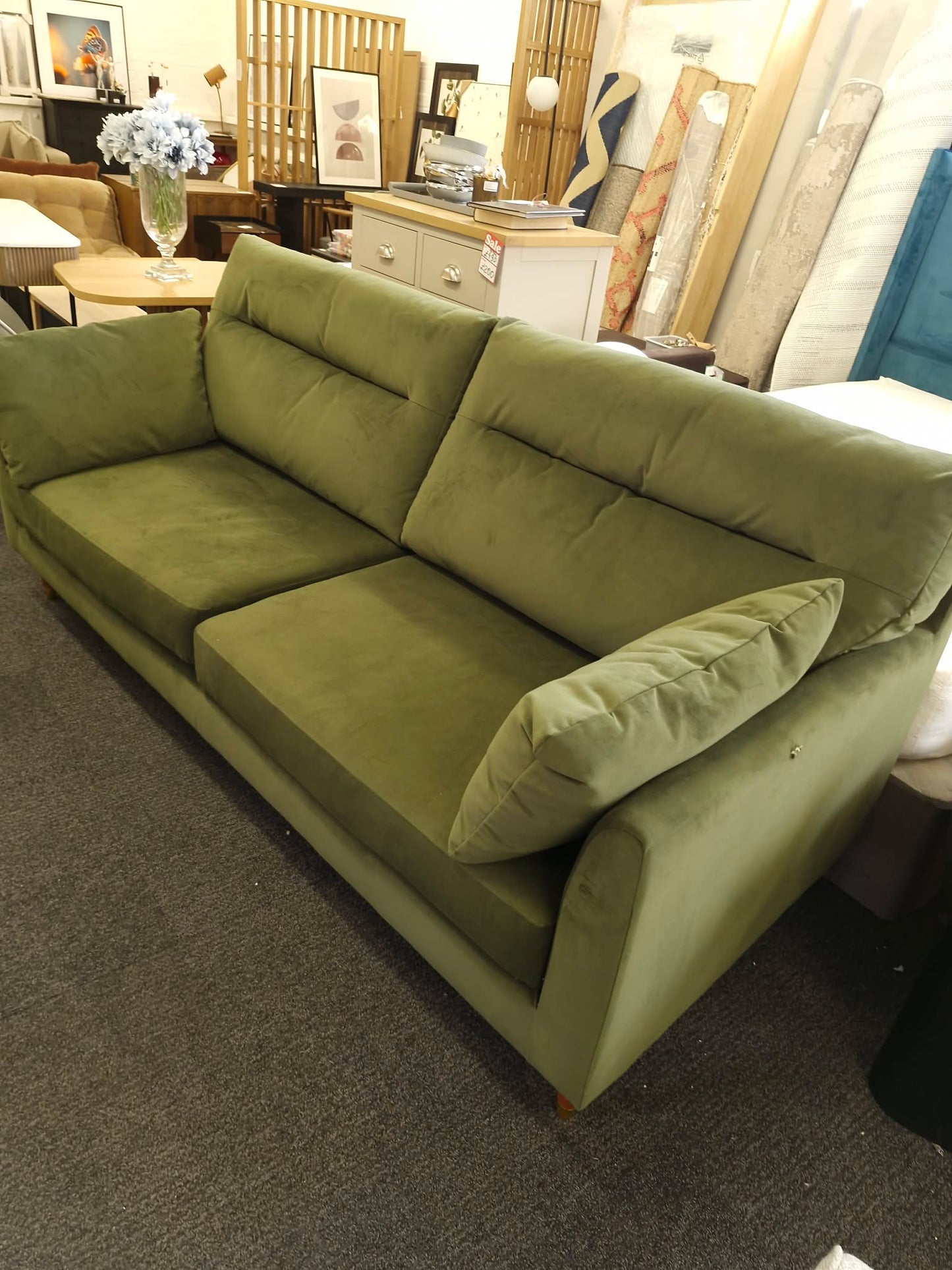 3 Seater Olive Green Velvet Sofa / Easy Clean