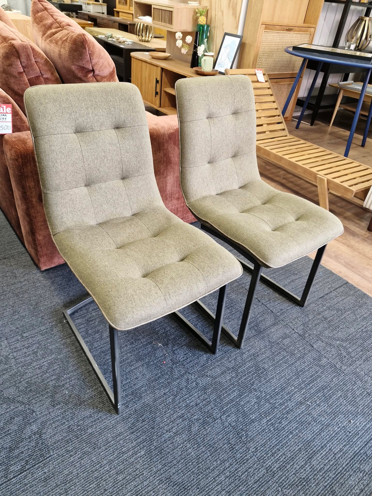 Set of 2 Dining Chairs - Green Khaki Fabric and Black Metal Frame