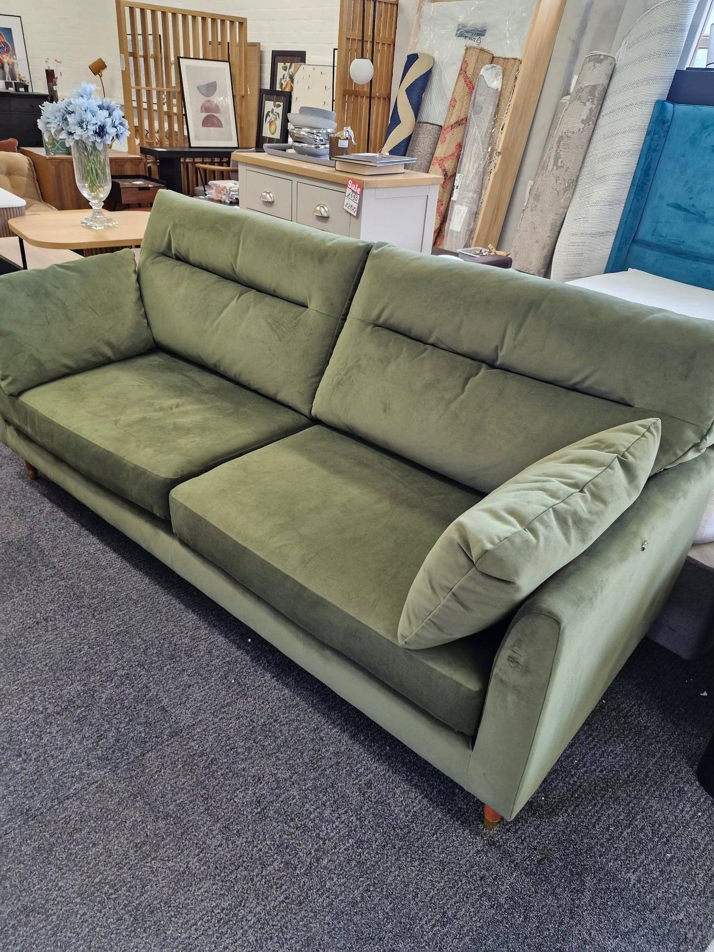 3 Seater Olive Green Velvet Sofa / Easy Clean