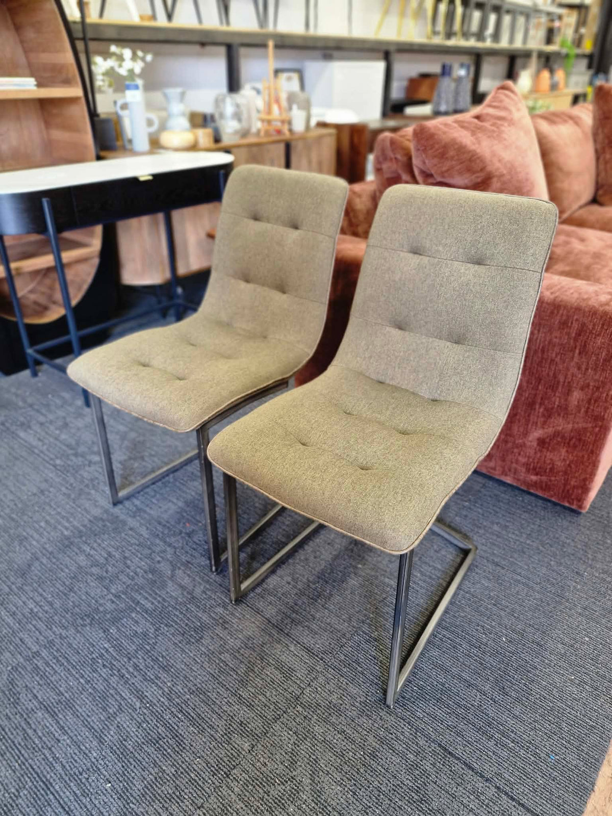 Set of 2 Dining Chairs - Green Khaki Fabric and Black Metal Frame
