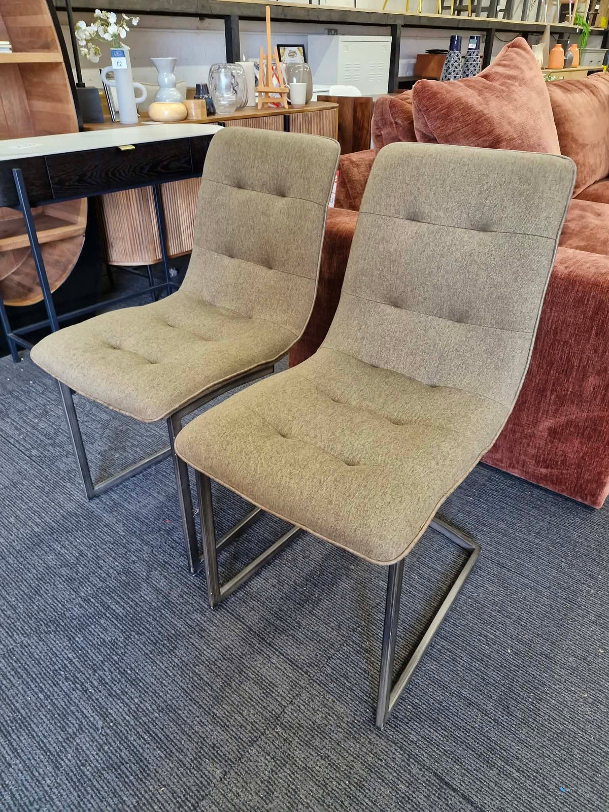 Set of 2 Dining Chairs - Green Khaki Fabric and Black Metal Frame