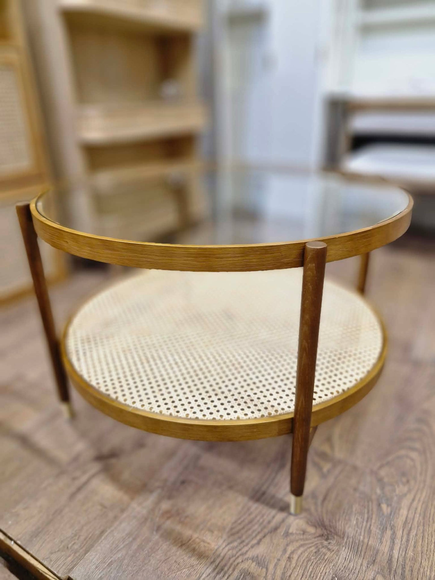 Large Round Dark Oak Coffee Table with Glass top and Storage Rattan Shelf