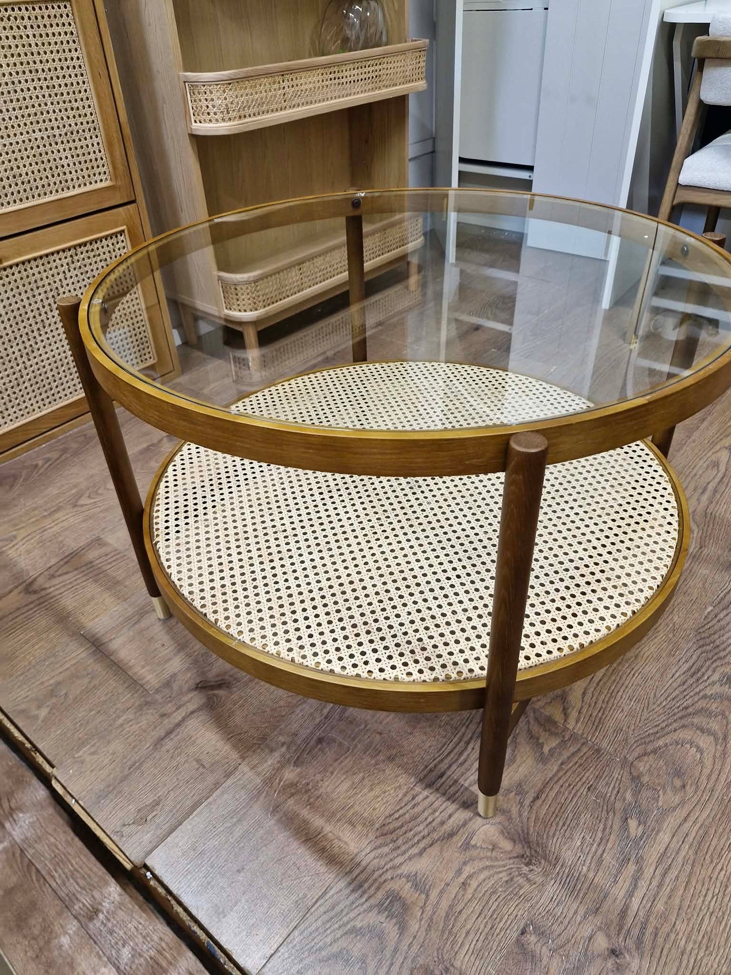 Large Round Dark Oak Coffee Table with Glass top and Storage Rattan Shelf