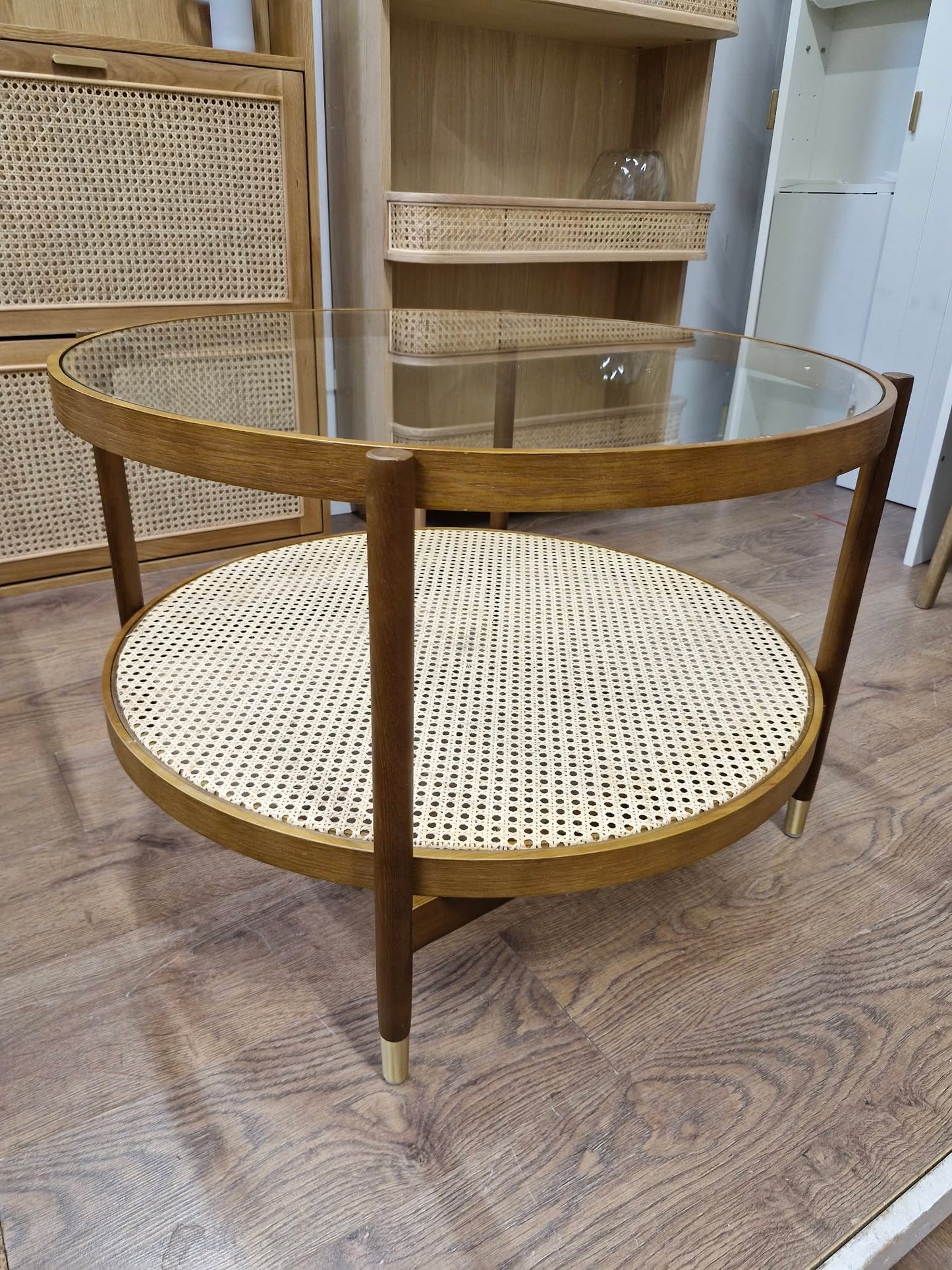 Large Round Dark Oak Coffee Table with Glass top and Storage Rattan Shelf