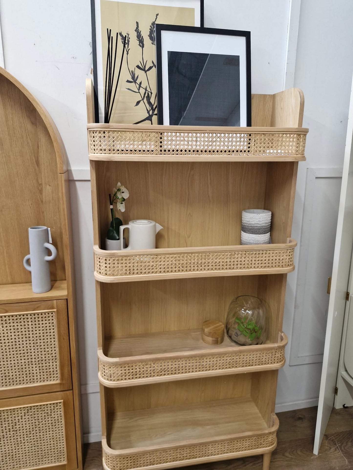 High Oak and Rattan Bookcase / Shelving Unit