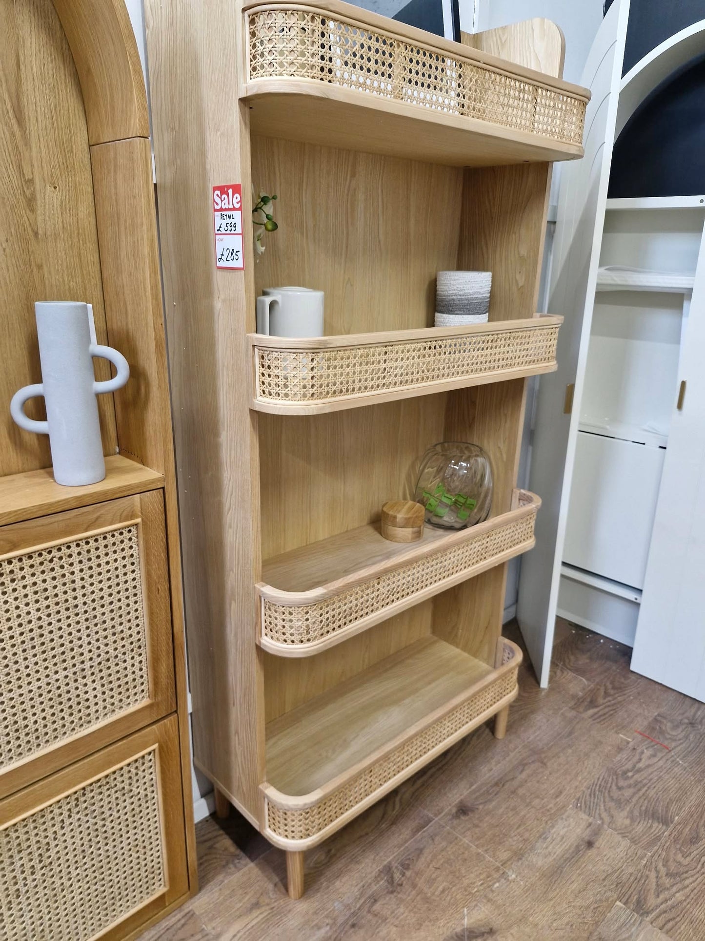 High Oak and Rattan Bookcase / Shelving Unit