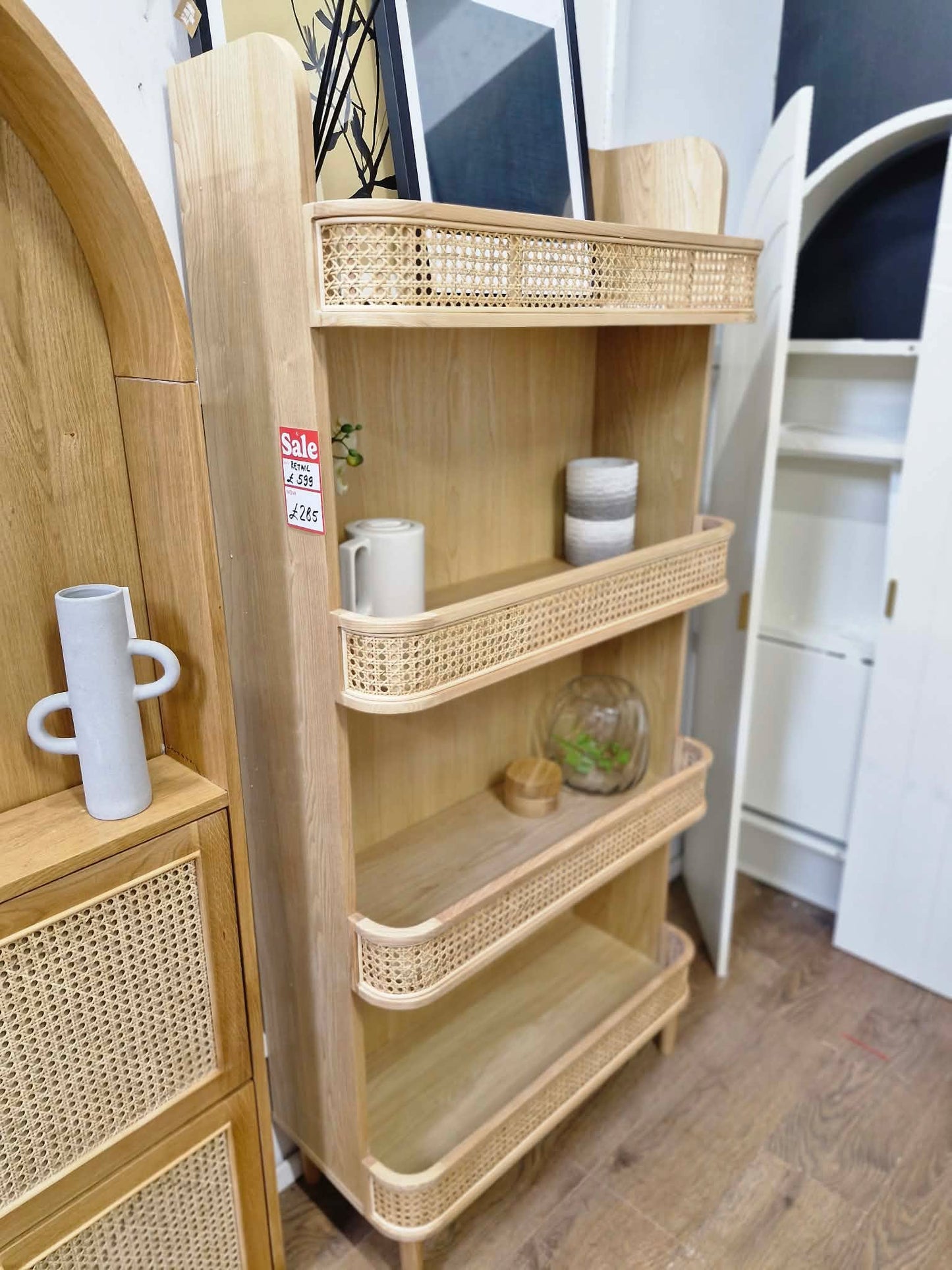 High Oak and Rattan Bookcase / Shelving Unit