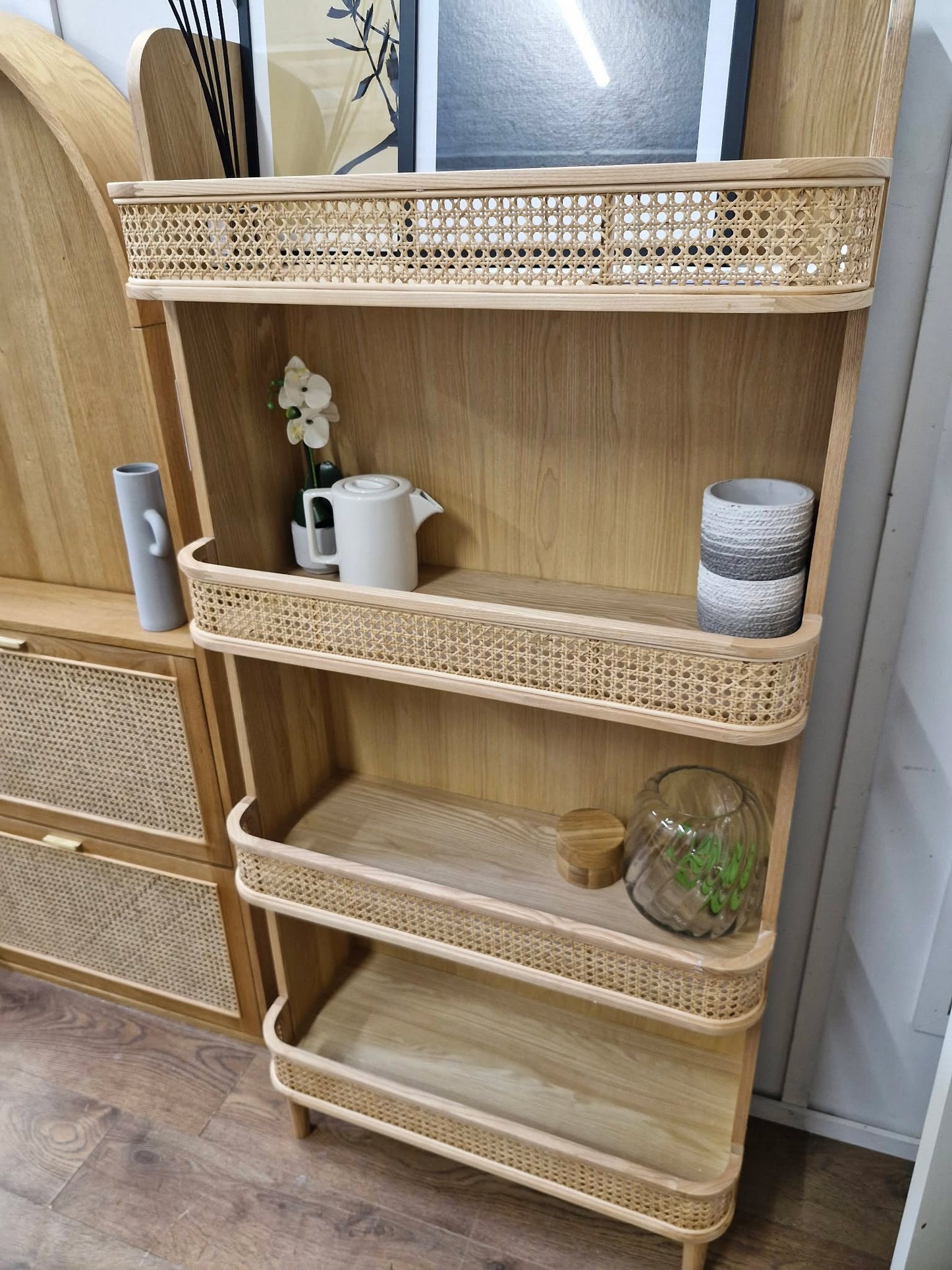 High Oak and Rattan Bookcase / Shelving Unit