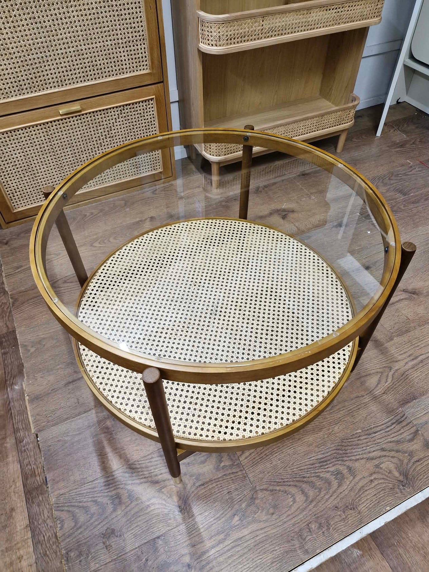 Large Round Dark Oak Coffee Table with Glass top and Storage Rattan Shelf