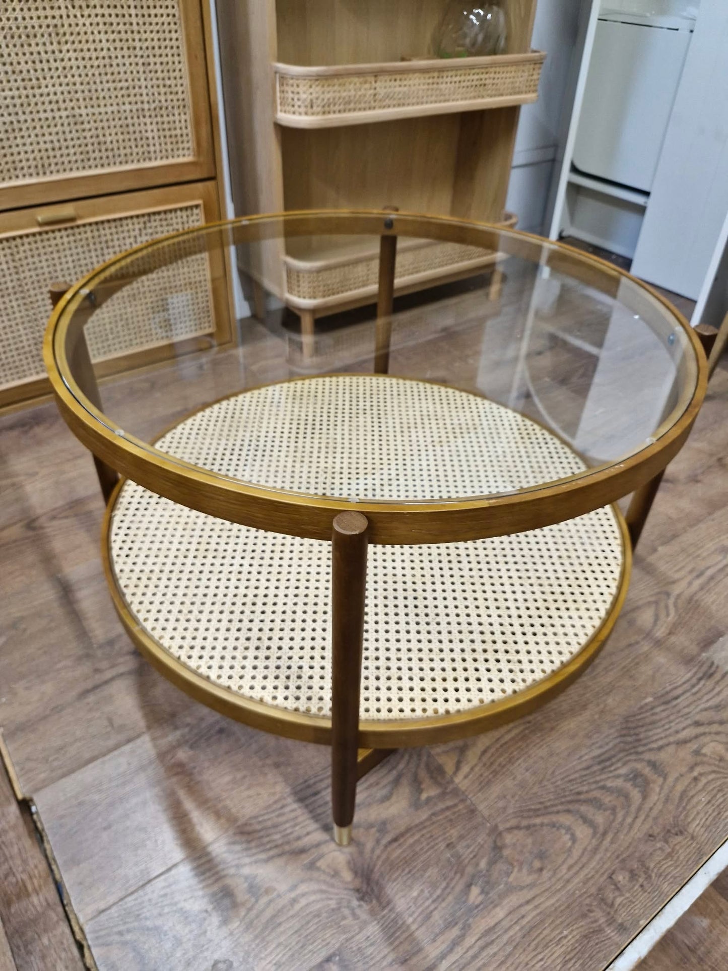 Large Round Dark Oak Coffee Table with Glass top and Storage Rattan Shelf