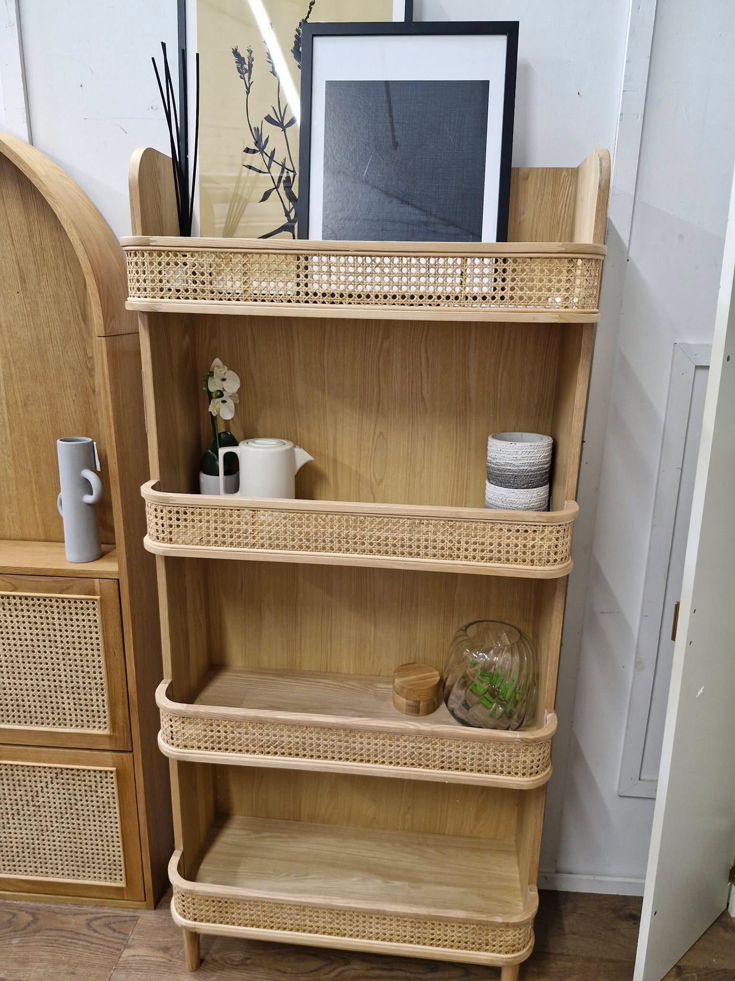 High Oak and Rattan Bookcase / Shelving Unit
