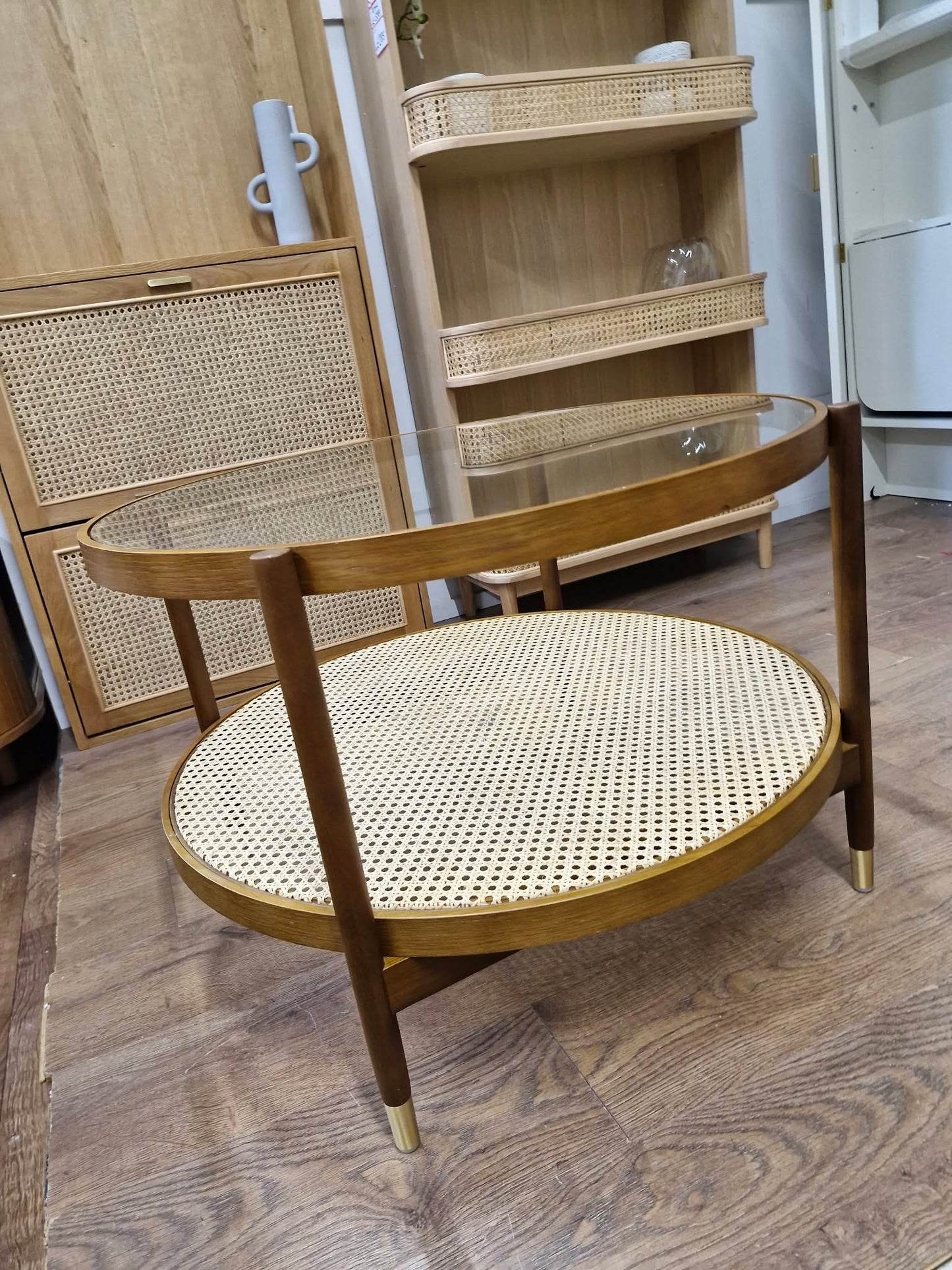 Large Round Dark Oak Coffee Table with Glass top and Storage Rattan Shelf