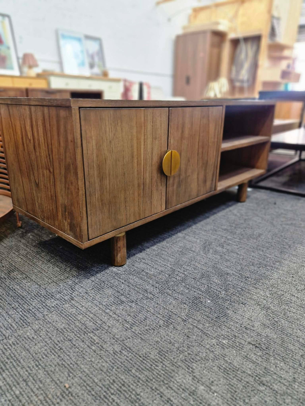 Solid Dark Wood and Bronze TV Stand with 2 doors and open shelf