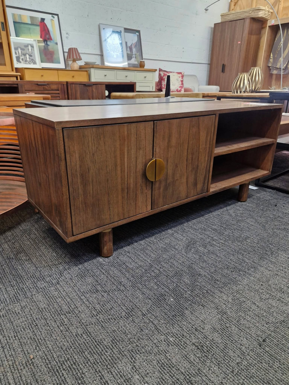 Solid Dark Wood and Bronze TV Stand with 2 doors and open shelf