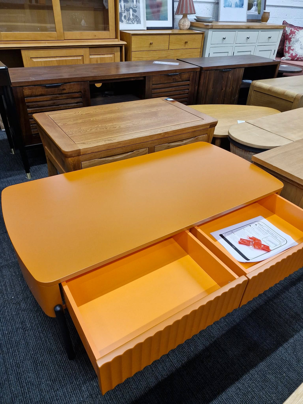Dwell Orange Fluted Coffee Table with 4 Drawers