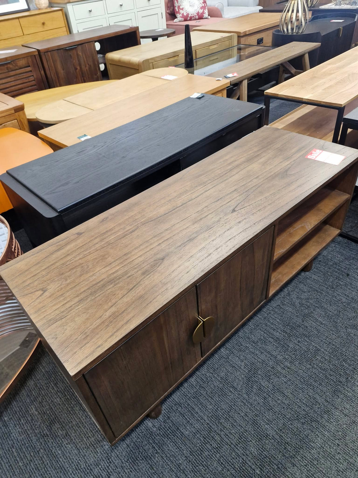 Solid Dark Wood and Bronze TV Stand with 2 doors and open shelf