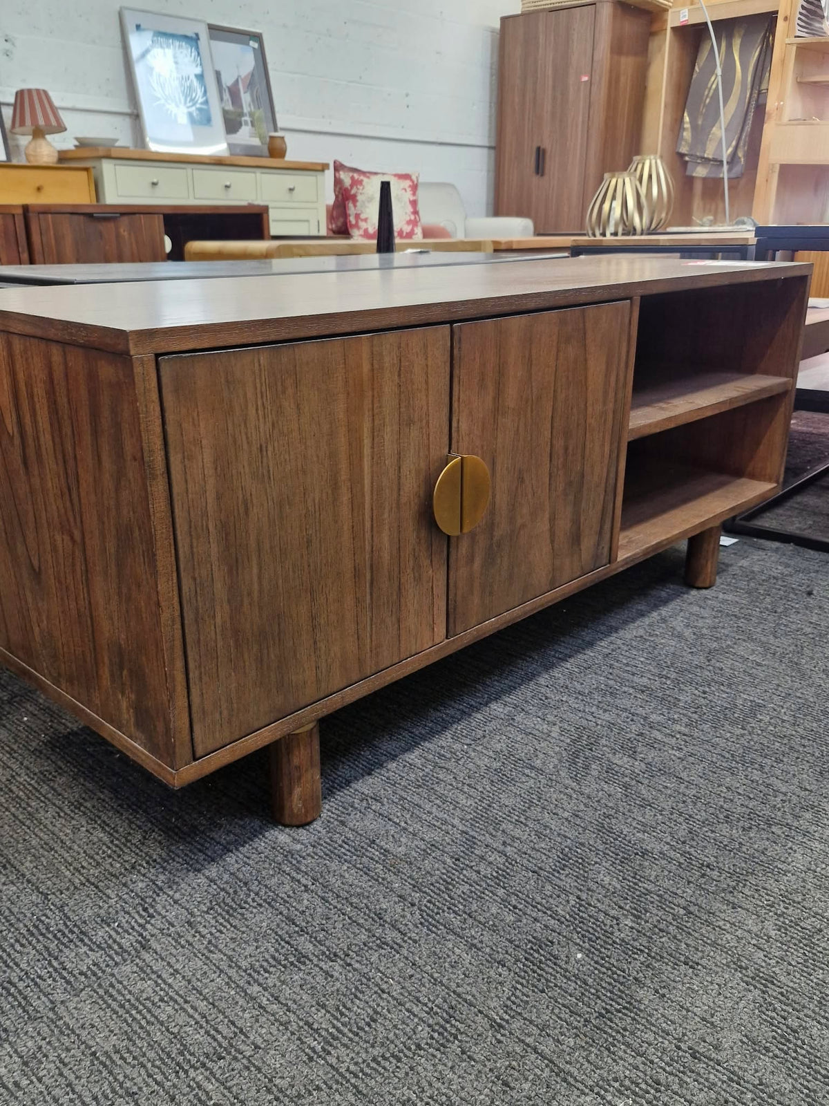 Solid Dark Wood and Bronze TV Stand with 2 doors and open shelf