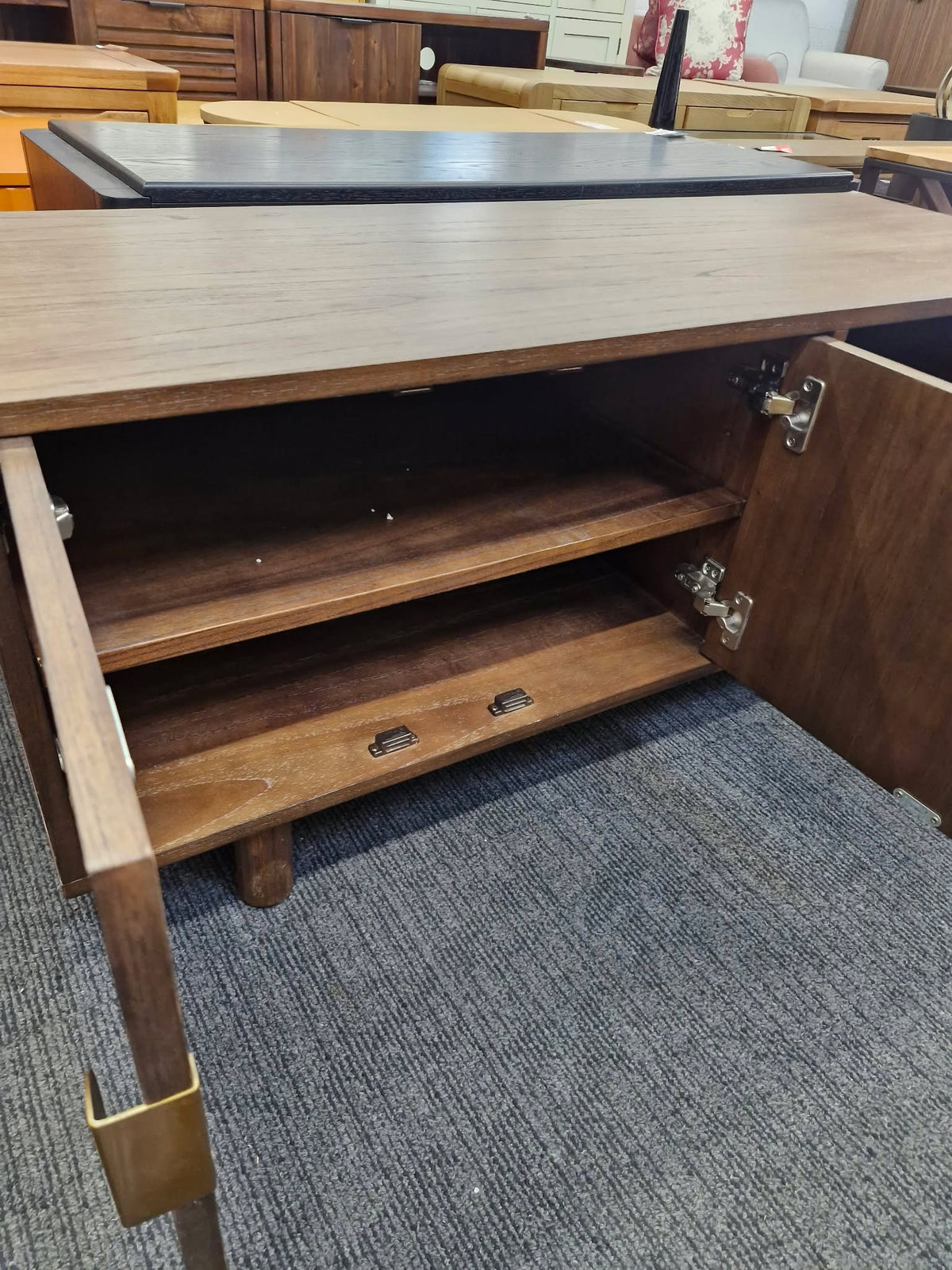 Solid Dark Wood and Bronze TV Stand with 2 doors and open shelf