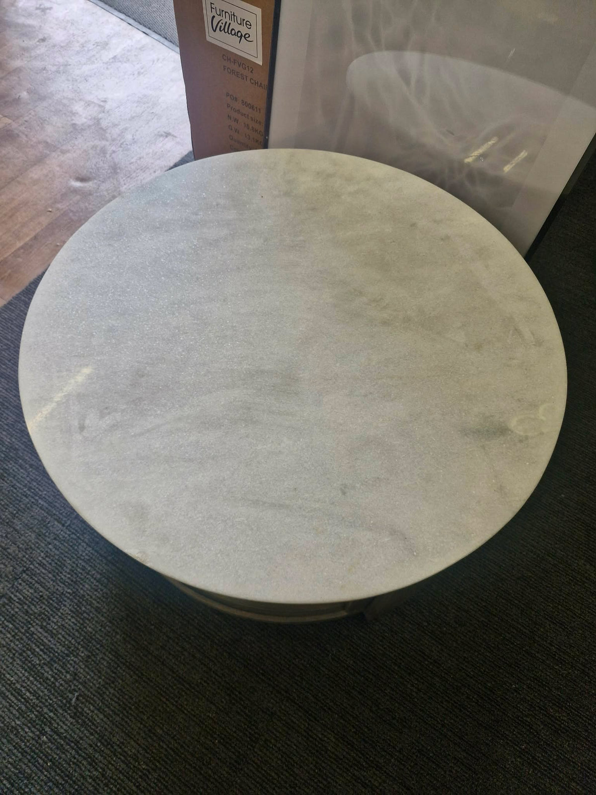 Round Solid Wood and White Marble Storage Coffee Table / Ribbed Base