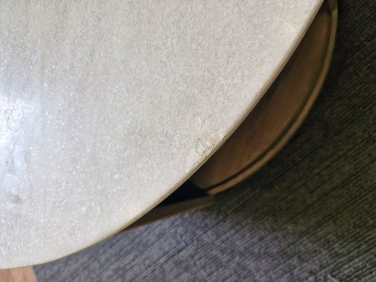 Round Solid Wood and White Marble Storage Coffee Table / Ribbed Base
