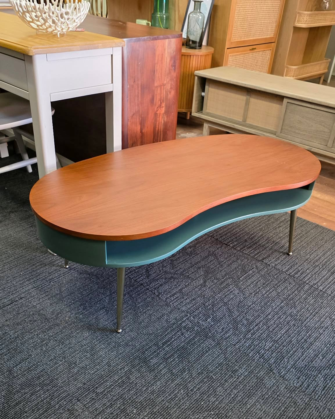 Retro Kidney Shaped Coffee Table - Walnut, Green and Brass Legs