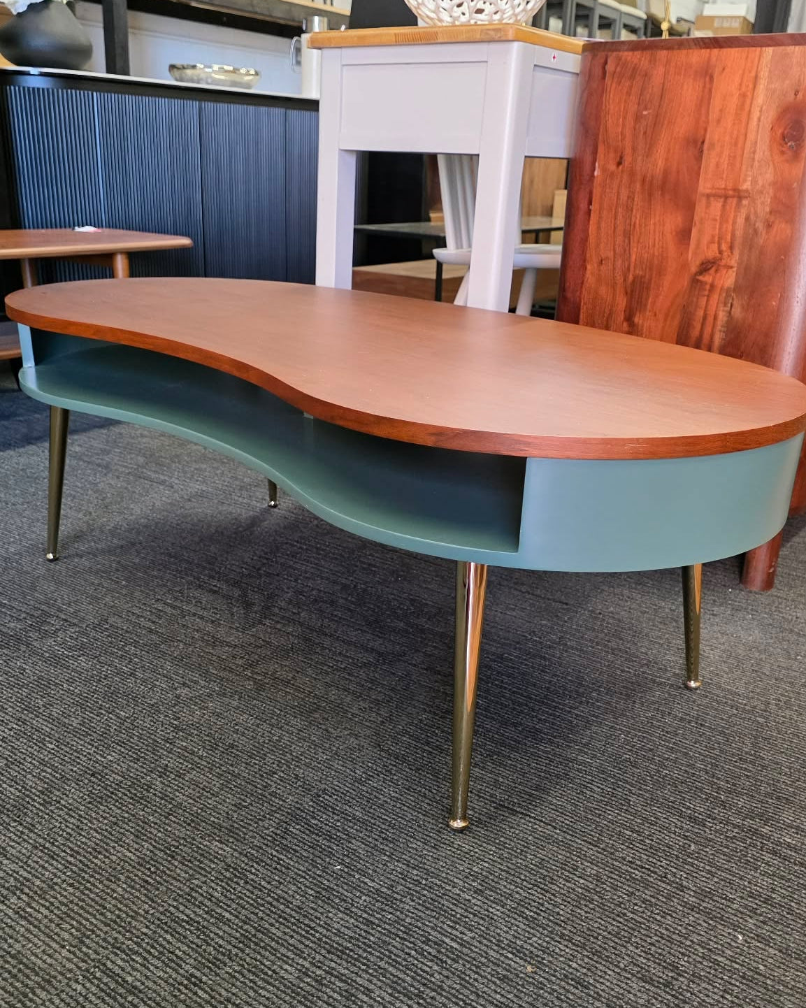 Retro Kidney Shaped Coffee Table - Walnut, Green and Brass Legs