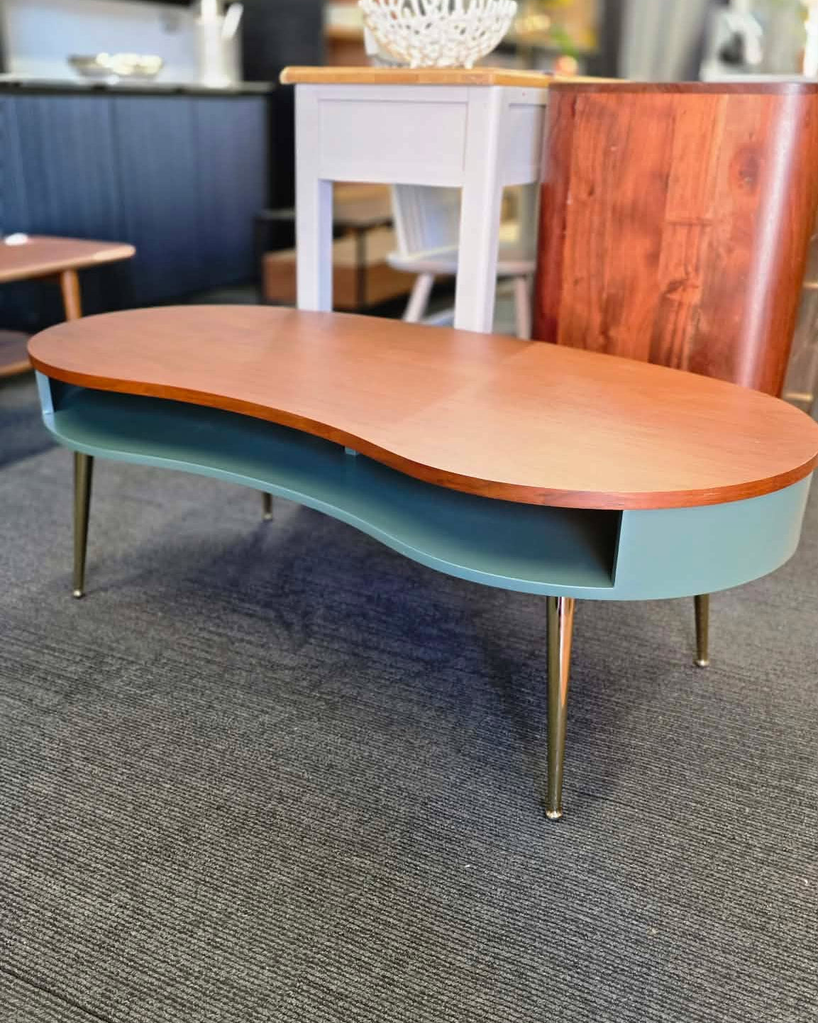 Retro Kidney Shaped Coffee Table - Walnut, Green and Brass Legs