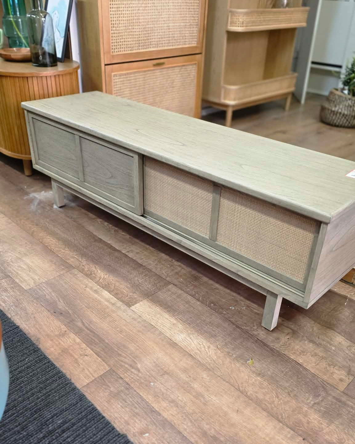 Grey Wood Japandi Style Sliding doors TV Stand 140cm