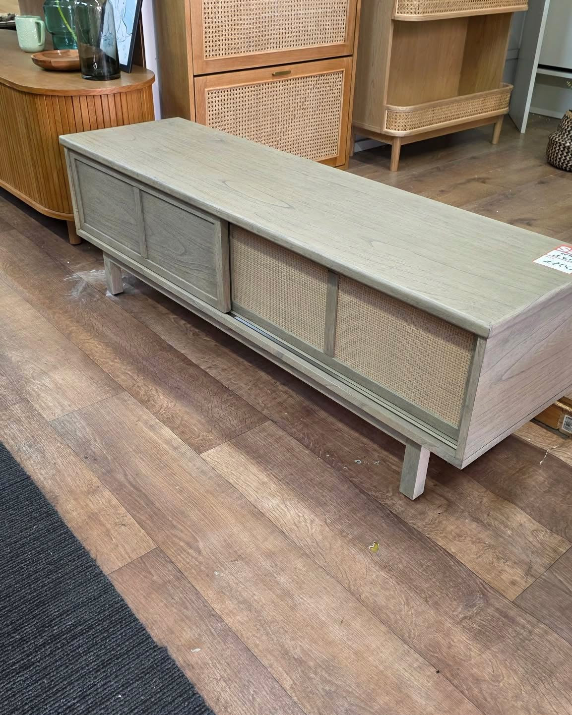 Grey Wood Japandi Style Sliding doors TV Stand 140cm