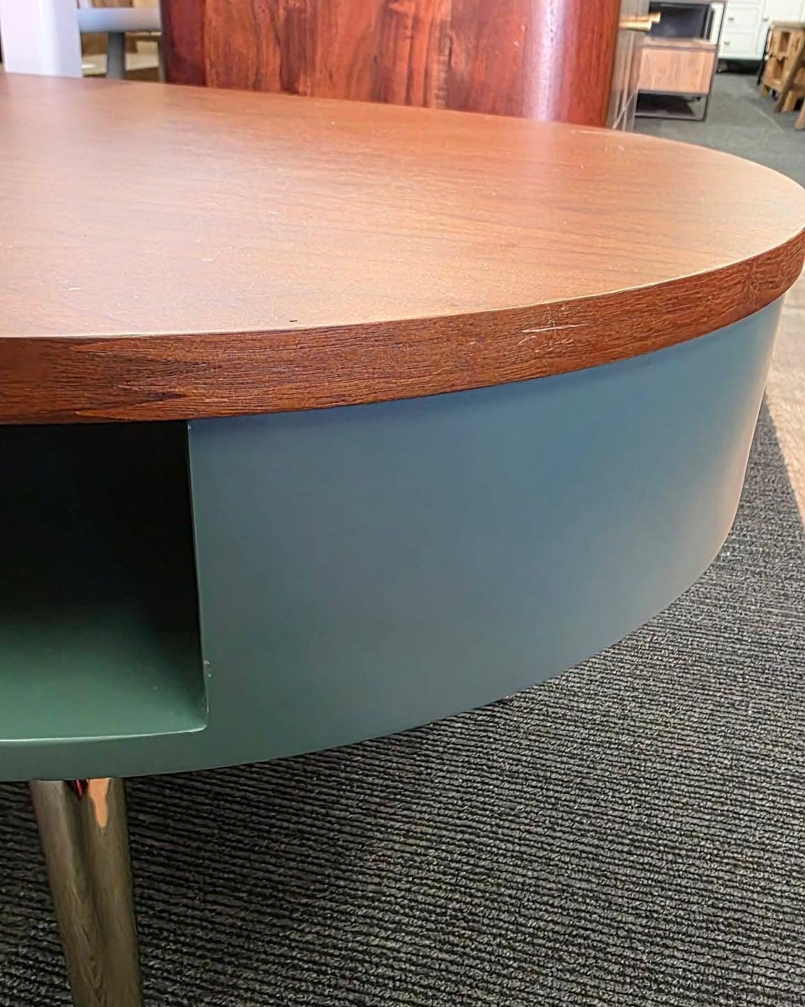 Retro Kidney Shaped Coffee Table - Walnut, Green and Brass Legs