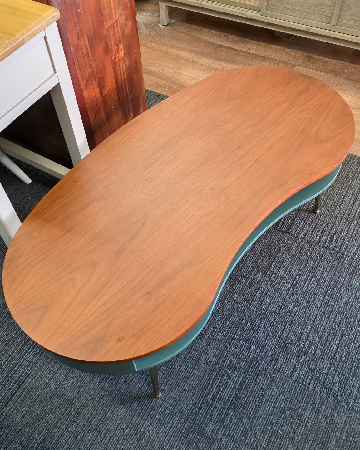 Retro Kidney Shaped Coffee Table - Walnut, Green and Brass Legs
