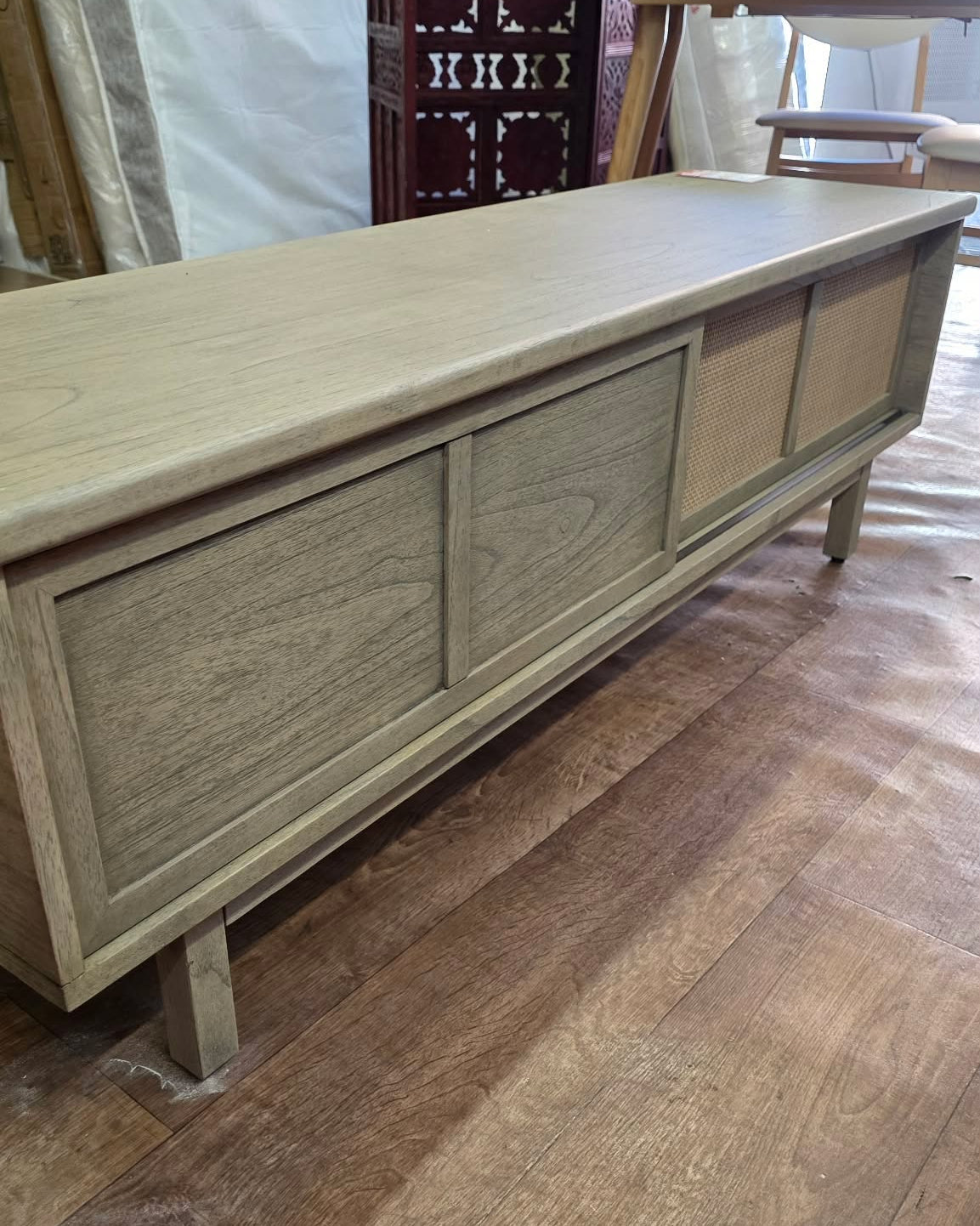 Grey Wood Japandi Style Sliding doors TV Stand 140cm