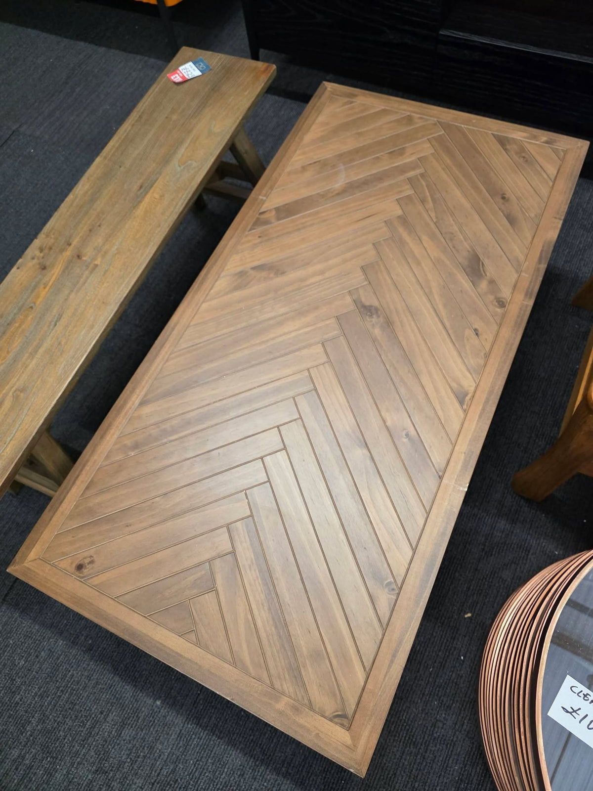 Coffee Table Herringbone Parquet, Solid Pine and Metal