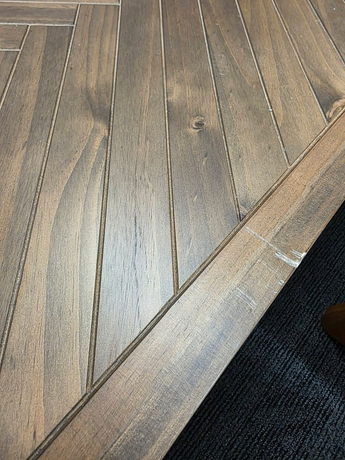 Coffee Table Herringbone Parquet, Solid Pine and Metal