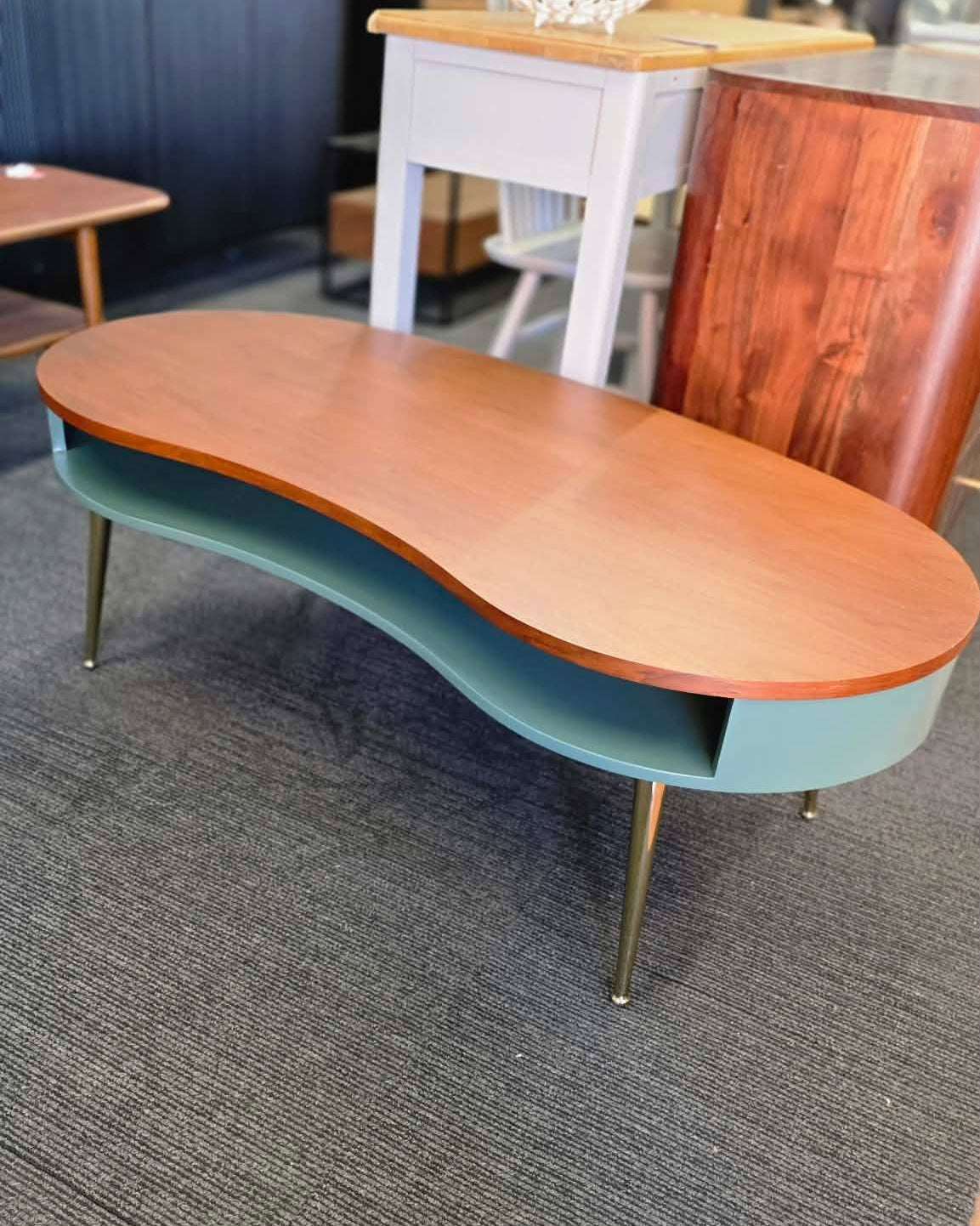 Retro Kidney Shaped Coffee Table - Walnut, Green and Brass Legs