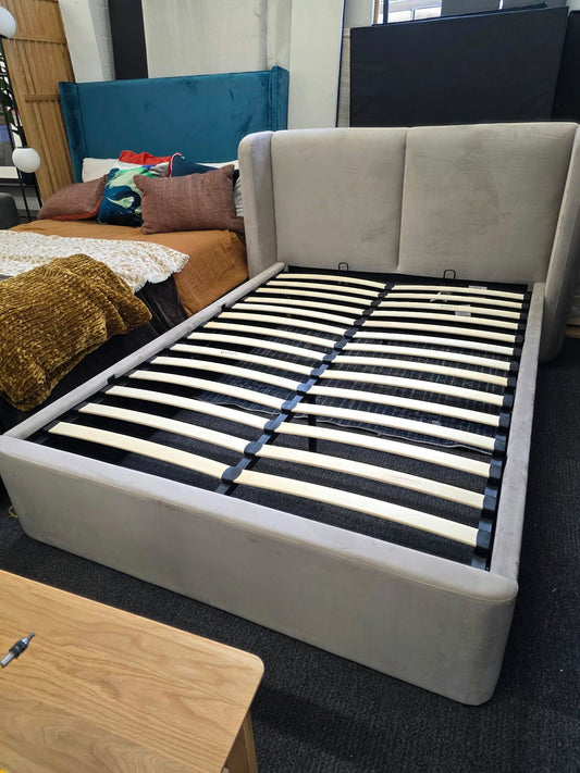 Mink Velvet Double Ottoman Storage Bed - Winged Headboard