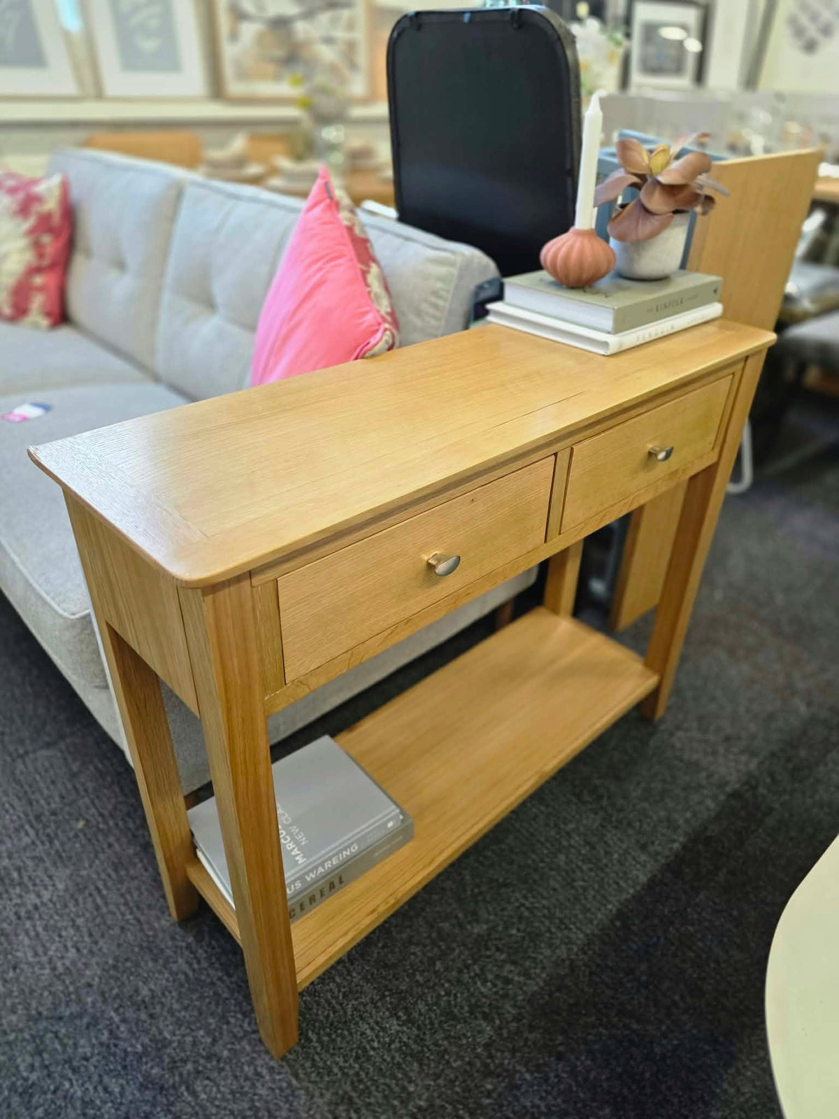 Oak Console Table with 2 Drawers and Shelf - 100cm