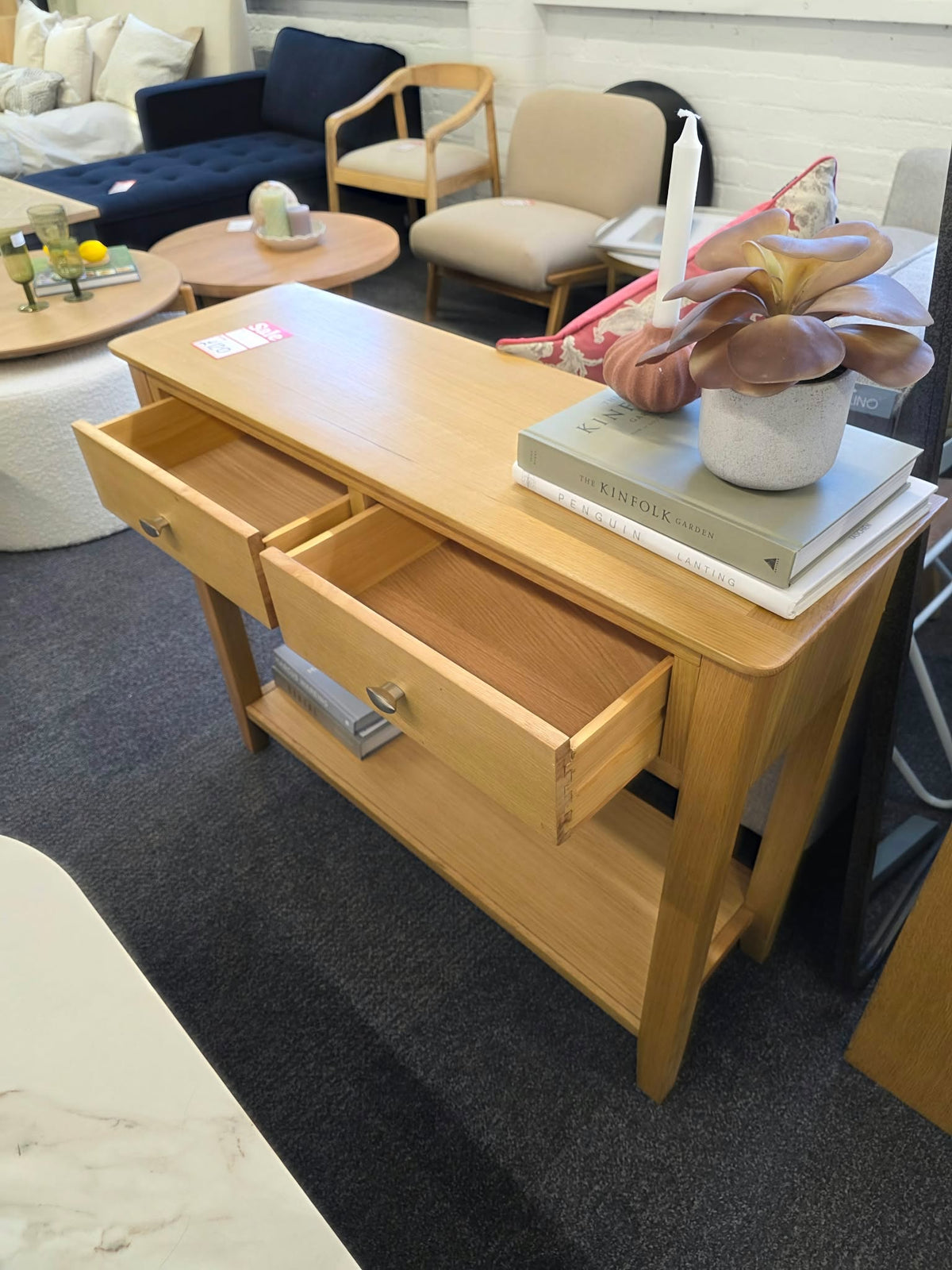 Oak Console Table with 2 Drawers and Shelf - 100cm