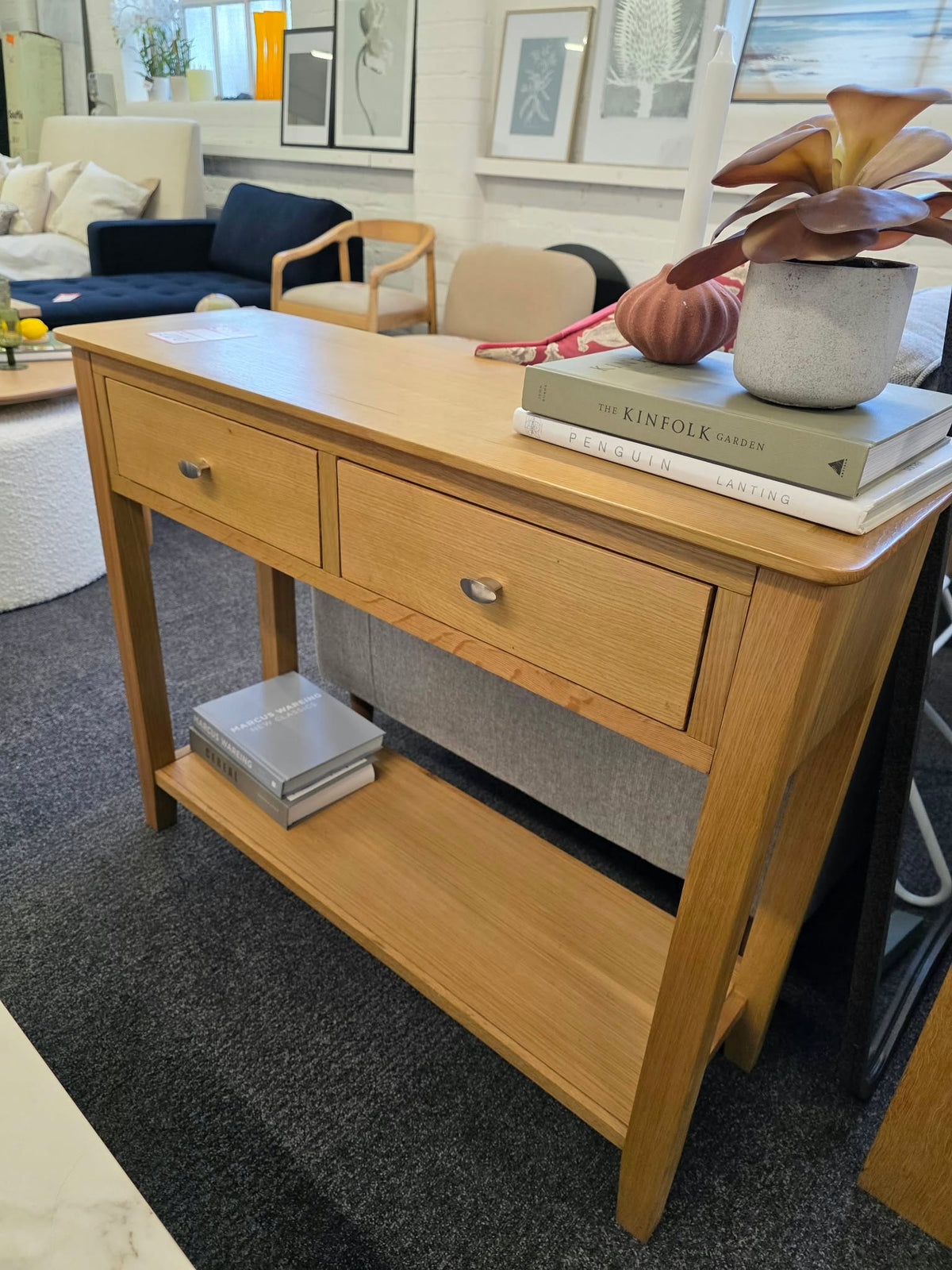 Oak Console Table with 2 Drawers and Shelf - 100cm