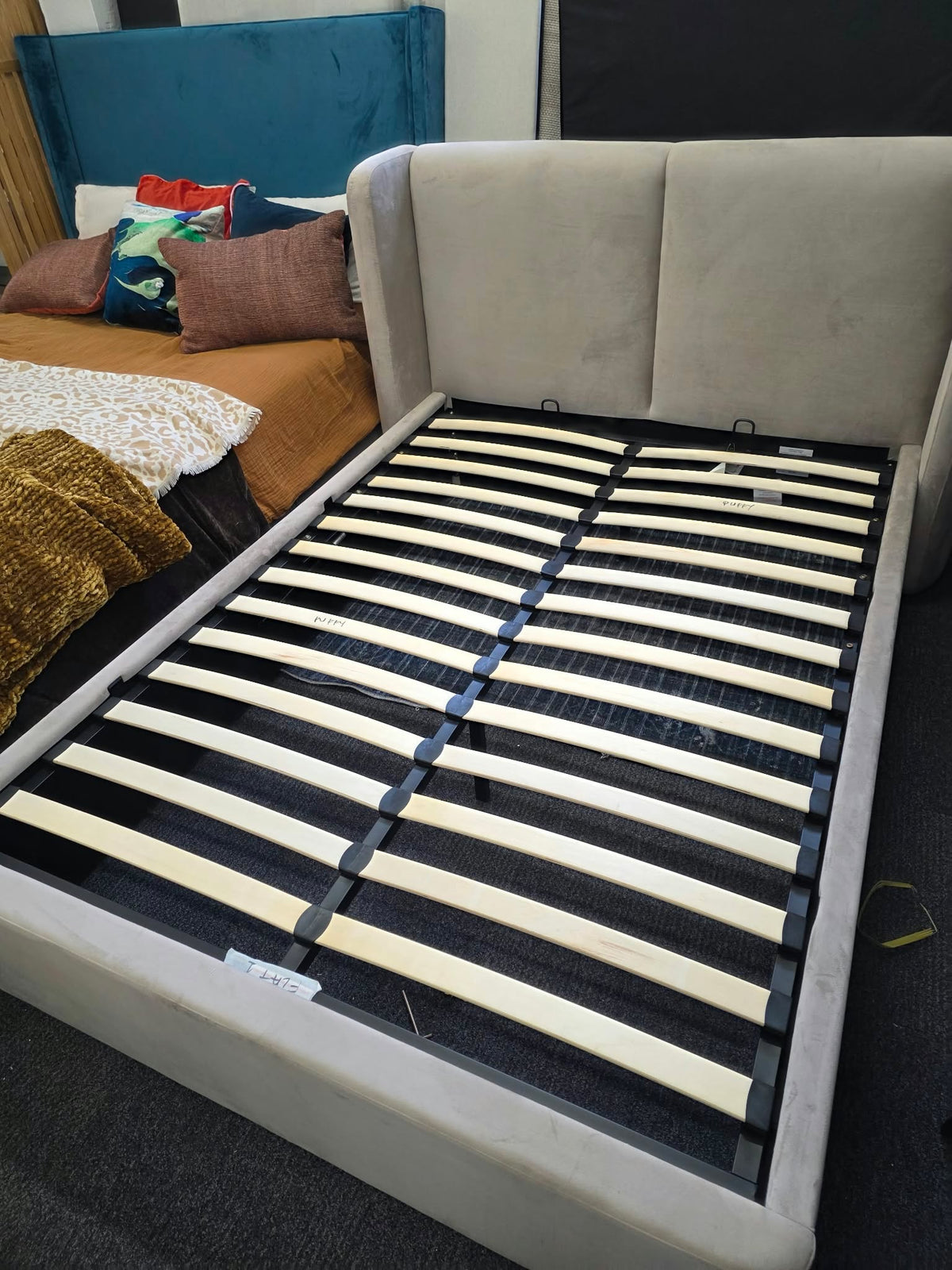 Mink Velvet Double Ottoman Storage Bed - Winged Headboard
