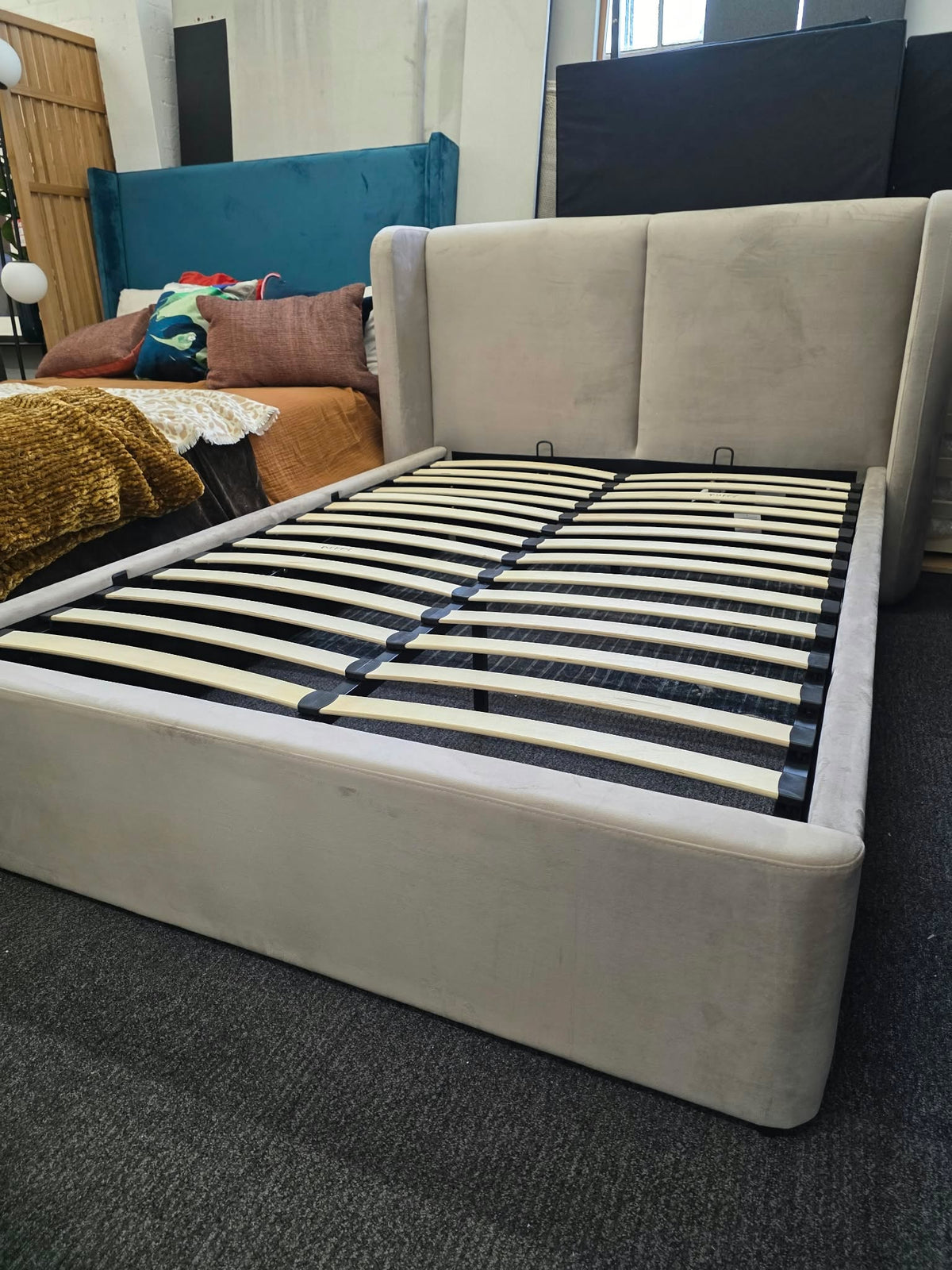 Mink Velvet Double Ottoman Storage Bed - Winged Headboard