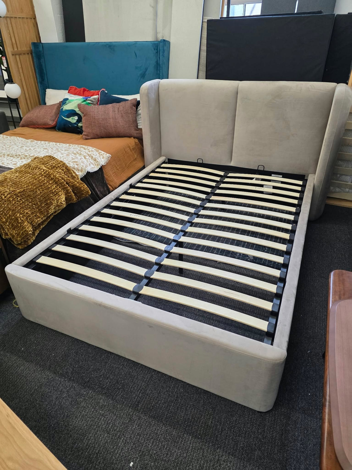 Mink Velvet Double Ottoman Storage Bed - Winged Headboard