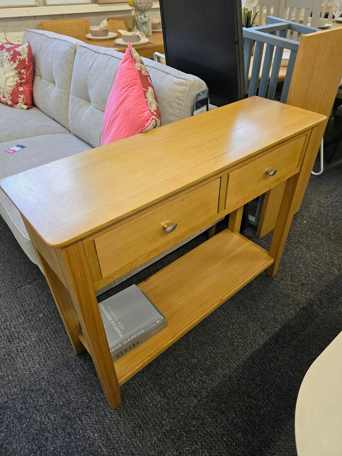 Oak Console Table with 2 Drawers and Shelf - 100cm