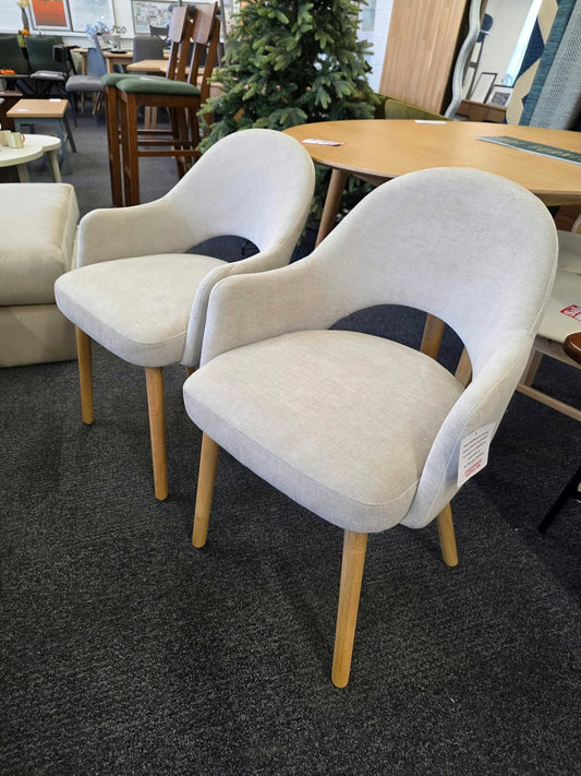 Beige Chenille Dining Chairs with Arms and Oak Legs, Set of 2