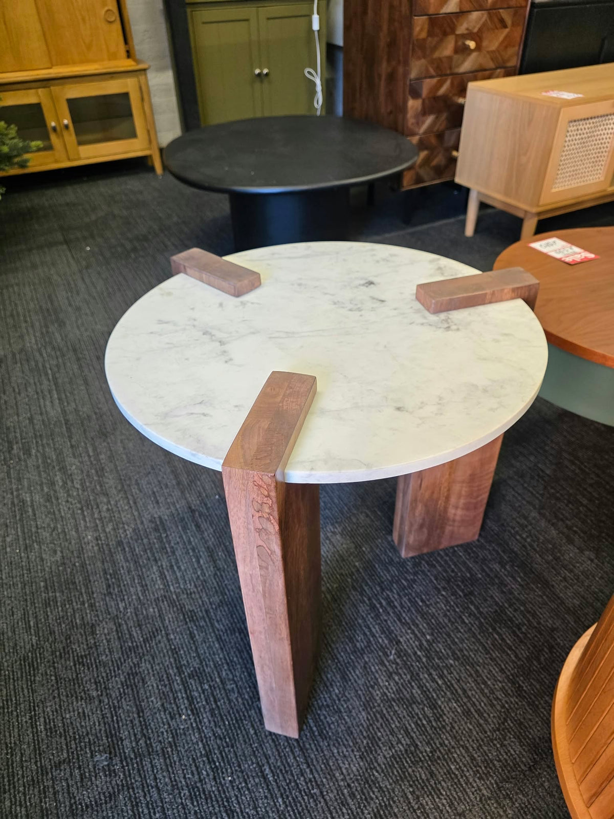 Round Marble Top Side Table, Solid Dark Mango Wood | Small Coffee Table